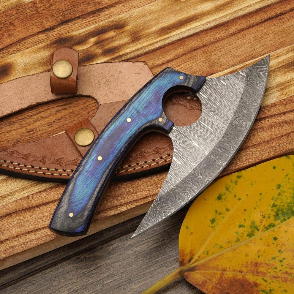 Damascus Steel Ulu Knife with Leather Sheath - Handmade Pizza Cutter with Non-Slip Pakka Wooden Handle - Alaska Ulu Knife Used For Multi-Purpose in Kitchen & Outdoor - Best Gift for your Loved One (Blue Pakka Wood)