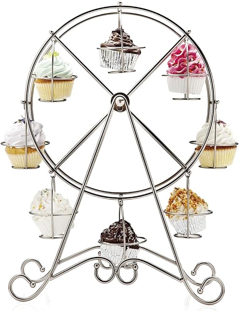 Vintage Cupcake Holder Set - Ferris Wheel Mini Cake Stand - Fairy Dessert Display for Christmas, Wedding, Birthday, Party - Stainless Steel - 8 Cup