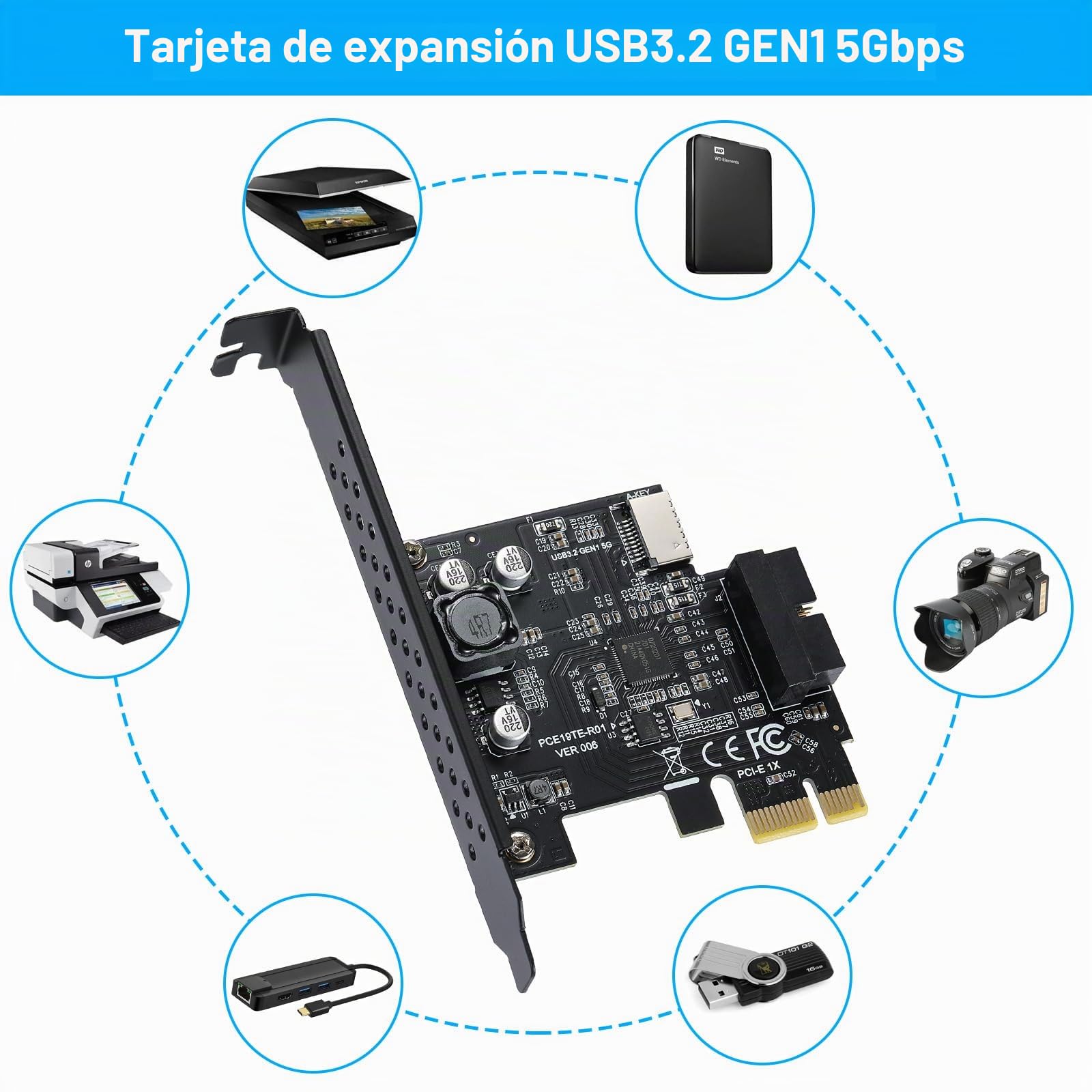 PCIE SATA Tarjeta de Expansión USB 3.2 GEN1 5Gbps Tipo E Tecla A y USB 3.0 19pin Panel Frontal Tarjeta de Expansión Compatible con XP/WIN7/WIN8/Vista/WIN10/WIN11 32BIT/64BIT/Linux