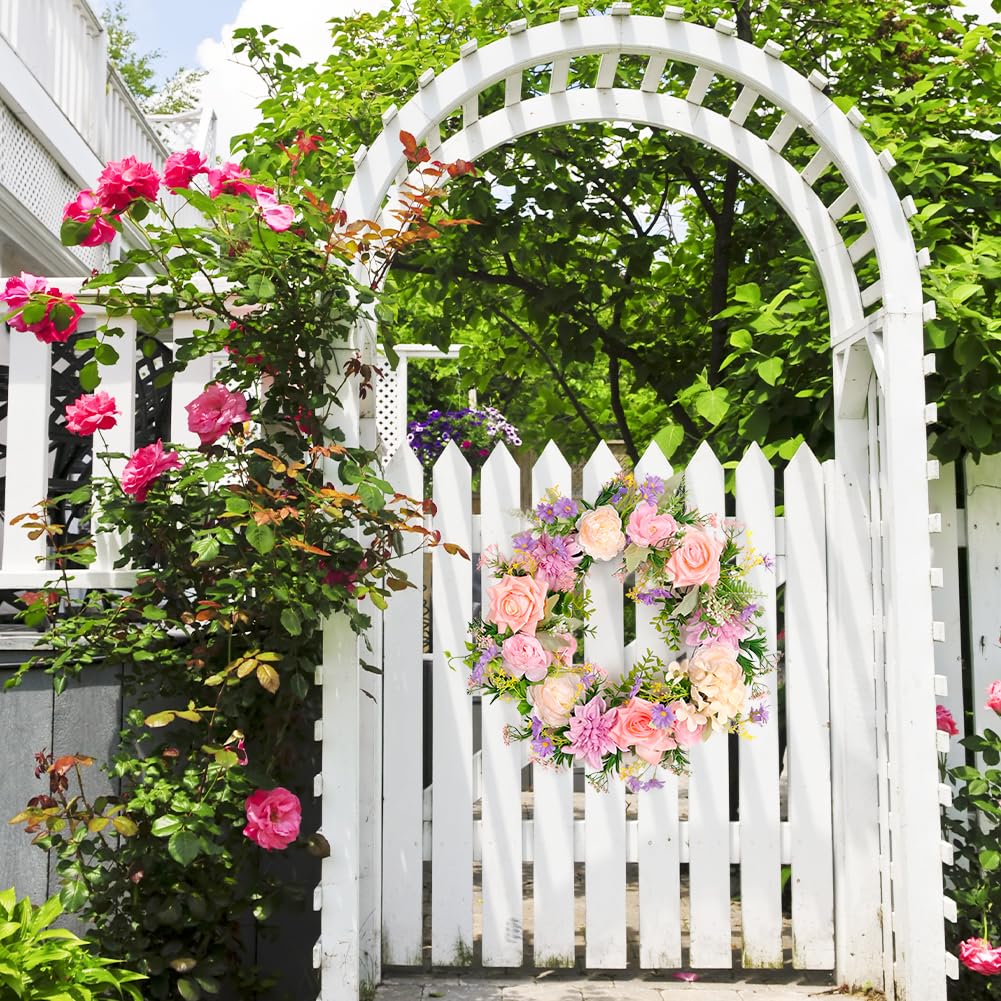 Couronne de printemps de pivoine pour porte d'entrée d'été à l'extérieur, couronnes de roses artificielles de 45,7 cm, couronne de feuilles de verdure pour toutes les saisons, décoration murale