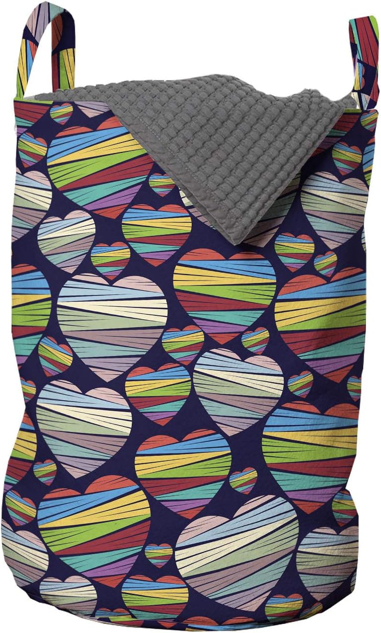 Lunarable Valentine's Day Laundry Bag, Numerous Weathered Striped Heart Love Symbols Colorful Composition, Hamper Basket with Handles Drawstring Closure for Laundromats, 13" x 19", Indigo Multicolor