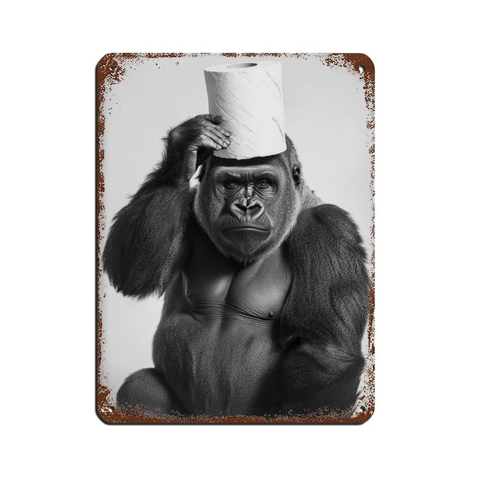 Gorilla with A Toilet Paper Roll on Head Tin Sign Vintage Metal Pub Club Cafe Bar Home Wall Art Decoration Poster Retro 12x16inch(30x40cm)