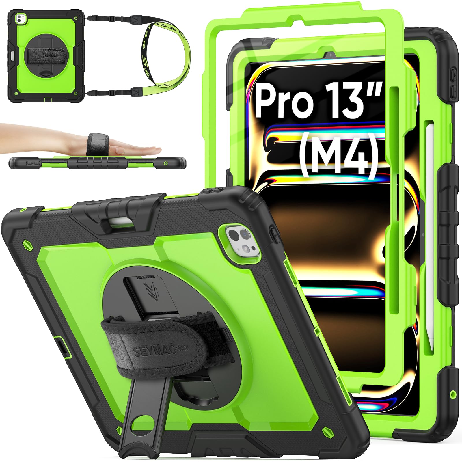 Photo 1 of SEYMAC stock Case for iPad Pro 13-inch M5-M4 2025-2024, Shockproof Heavy Duty Case with Screen Protector, Pencil Holder, Rotating Stand, Hand Strap, Shoulder Strap, Green