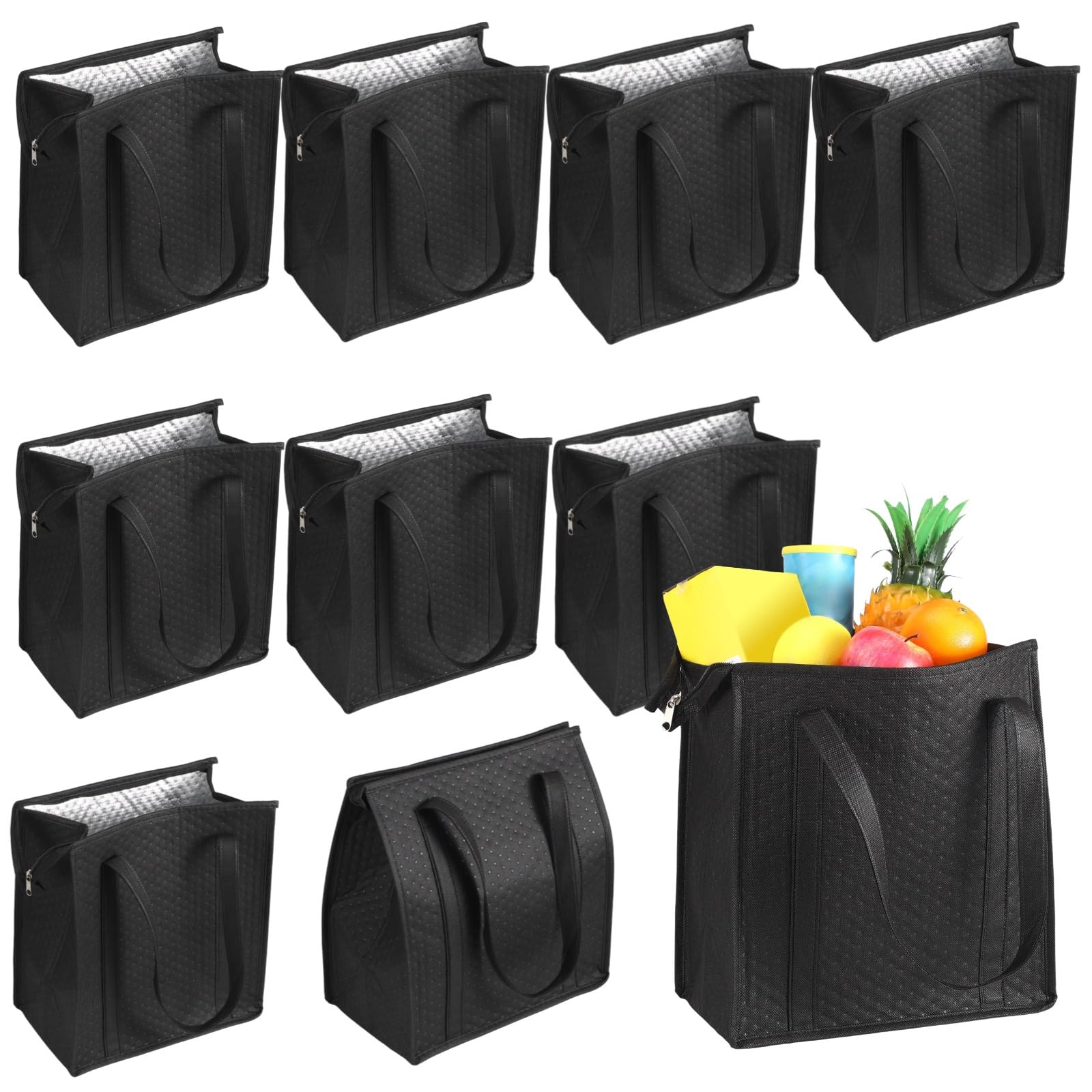 10 Stk. Isoliertaschen für Einkäufe, 18 L große Thermotaschen mit Reißverschluss, wiederverwendbare Kühltasche mit Aluminiumfolienfutter für Essenslieferung, Picknick, Camping, 11,8 x 13 Zoll