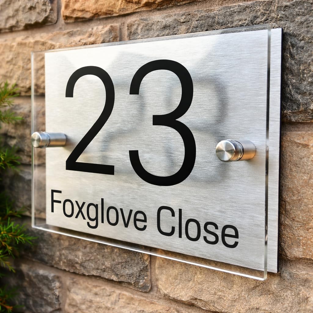 Personalised House Numbers Plaques by Blitz Craft | Glass Effect Acrylic and Silver Mirrored Finish | Custom Address Text with Door Numbers for Outside, Weatherproof Design with Fixings (200x130mm)