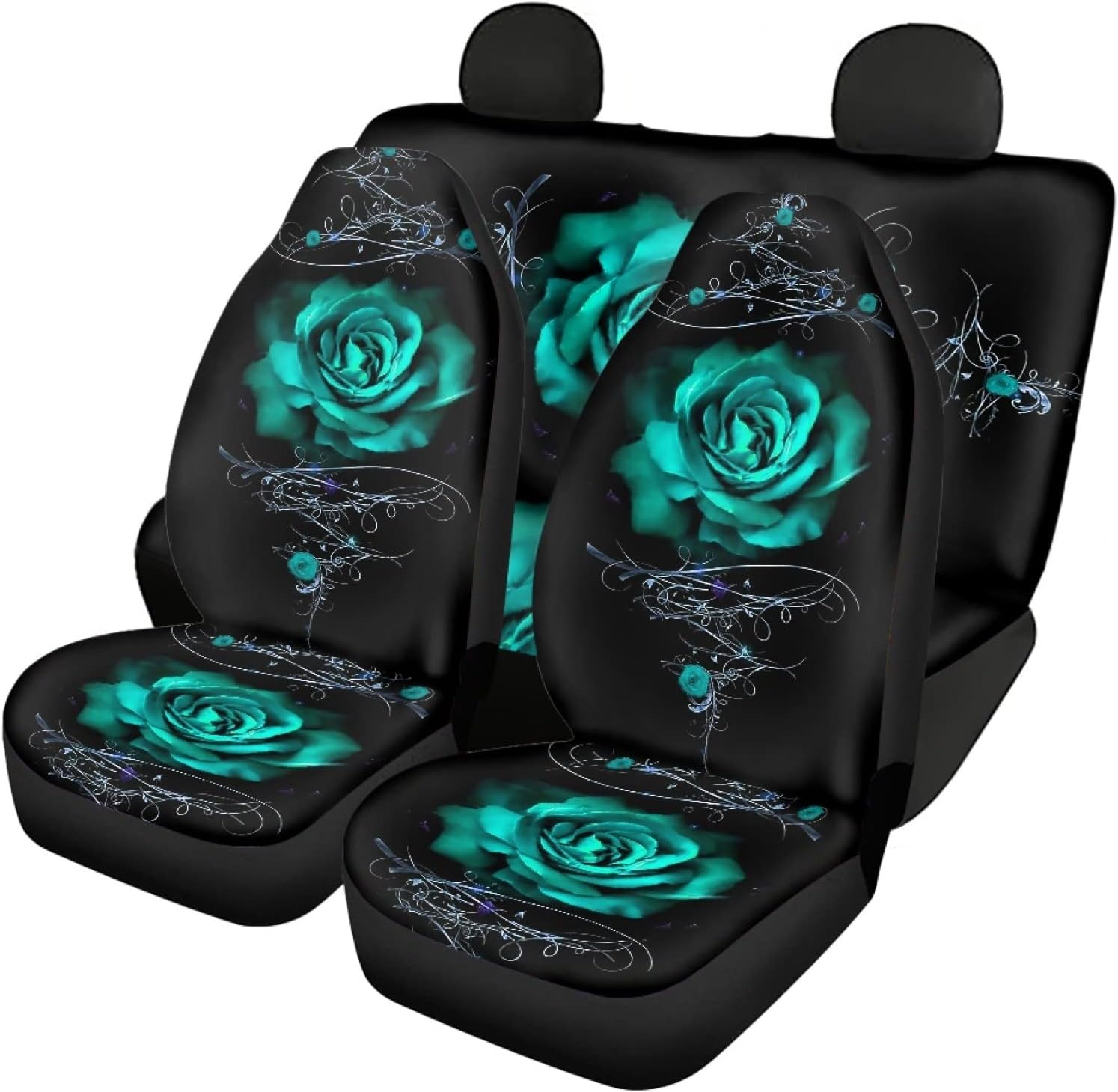 Howilath Green Rose Flowers Print Cars Seat Cover Full Set Accessories 12pcs Center Console Cover and Flower Steering Wheel Covers for Women Men