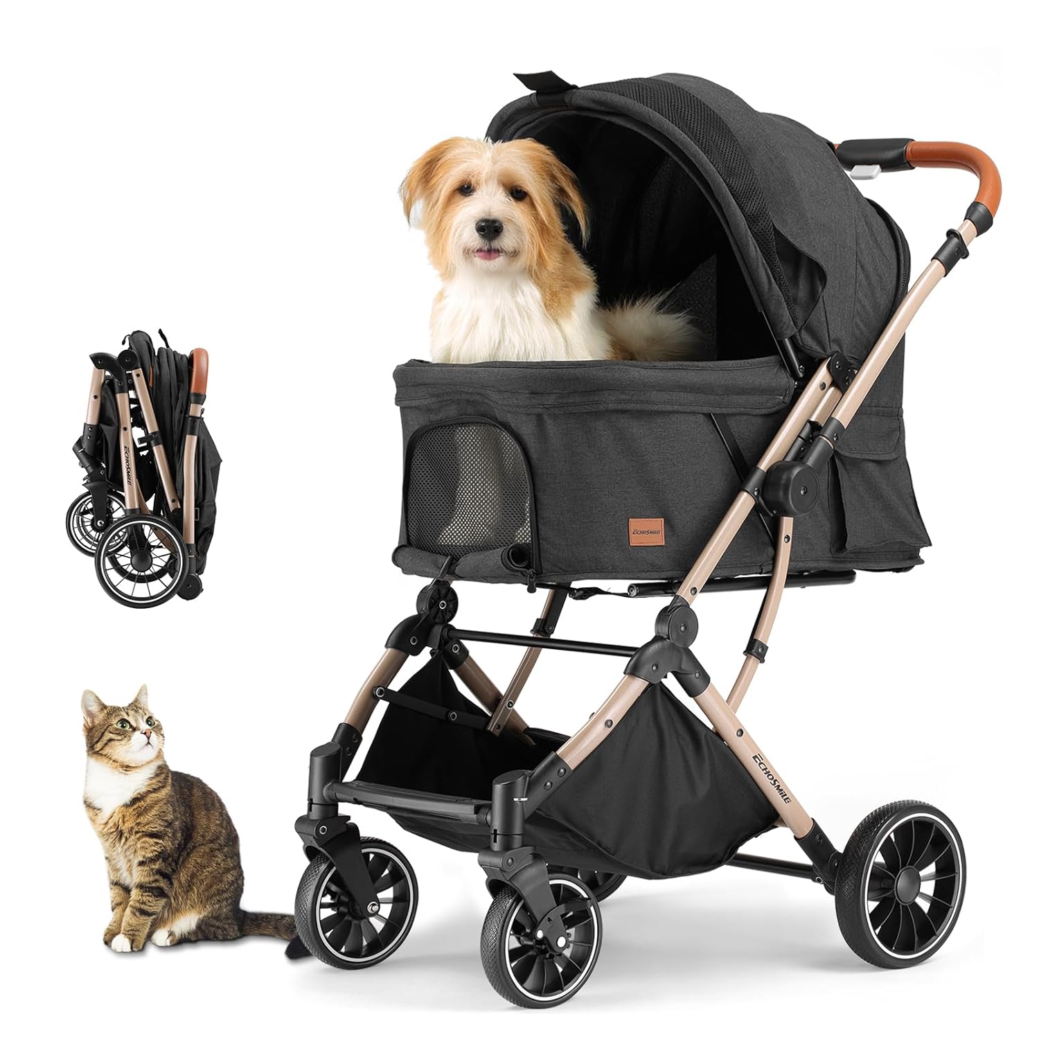 EchoSmile Small Medium Dogs Stroller 4-Wheel Pet Strollers for Medium Dogs Up to 50lbs, One Click Folding Large Cat Stroller, Reversible Handle, Shock Absorbing Wheels, Removable Washable Pad Black