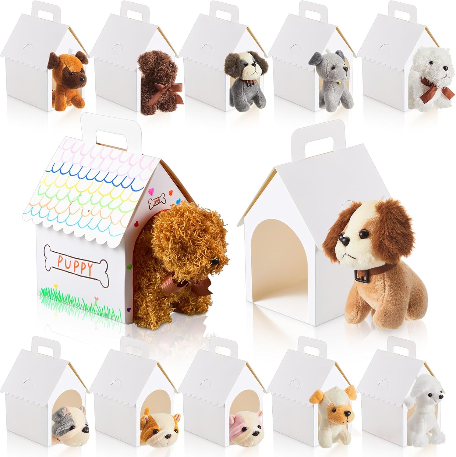 ShinyRelief 24 Pcs Adopt a Puppy Party Favors Bulk 12 Pcs Dog Party Favors Boxes 12 Pieces Mini Plush Dog Stuffed Animals for Birthday Thanksgiving Christmas Decoration Gifts(White)