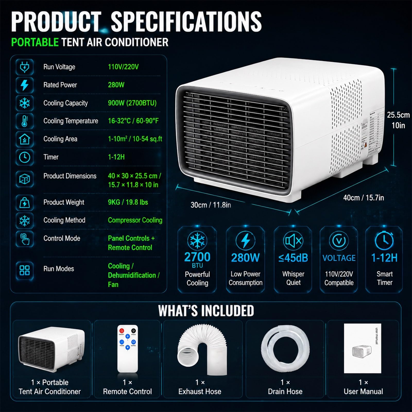 Mini Klimatyzator Przenośny do Małej Sypialni, 2700BTU Cicha Klimatyzacja, 3-w-1 Chłodnica Powietrza do Pokoju Studenckiego & Biura