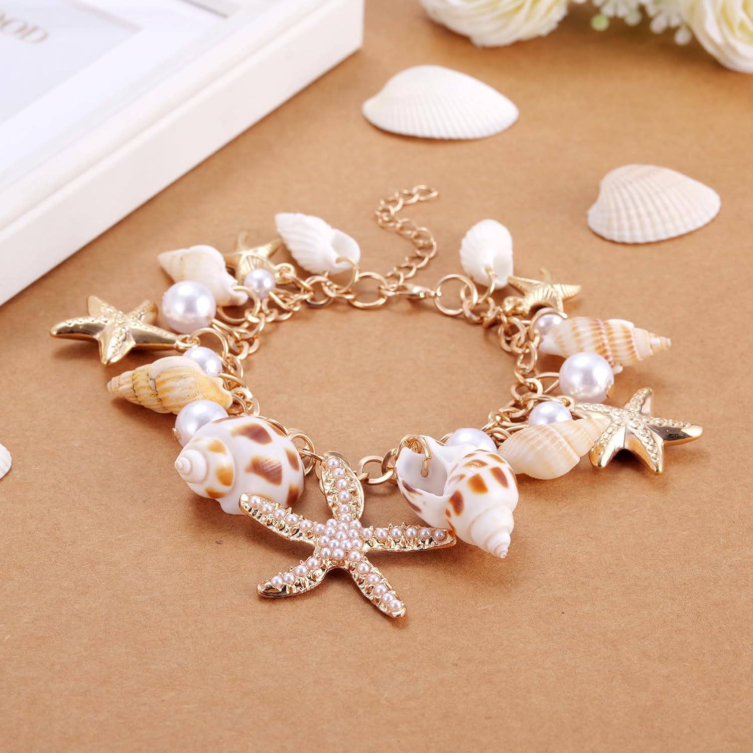 Kvekstio Shell Starfish Bracelet for Women, Summer Beach Jewelry with Seashells, Conch & Faux Pearls, Adjustable Coastal Charm Bracelet, Ocean Themed Accessory, Hawaiian Vacation Gift Jewelry - Image 8