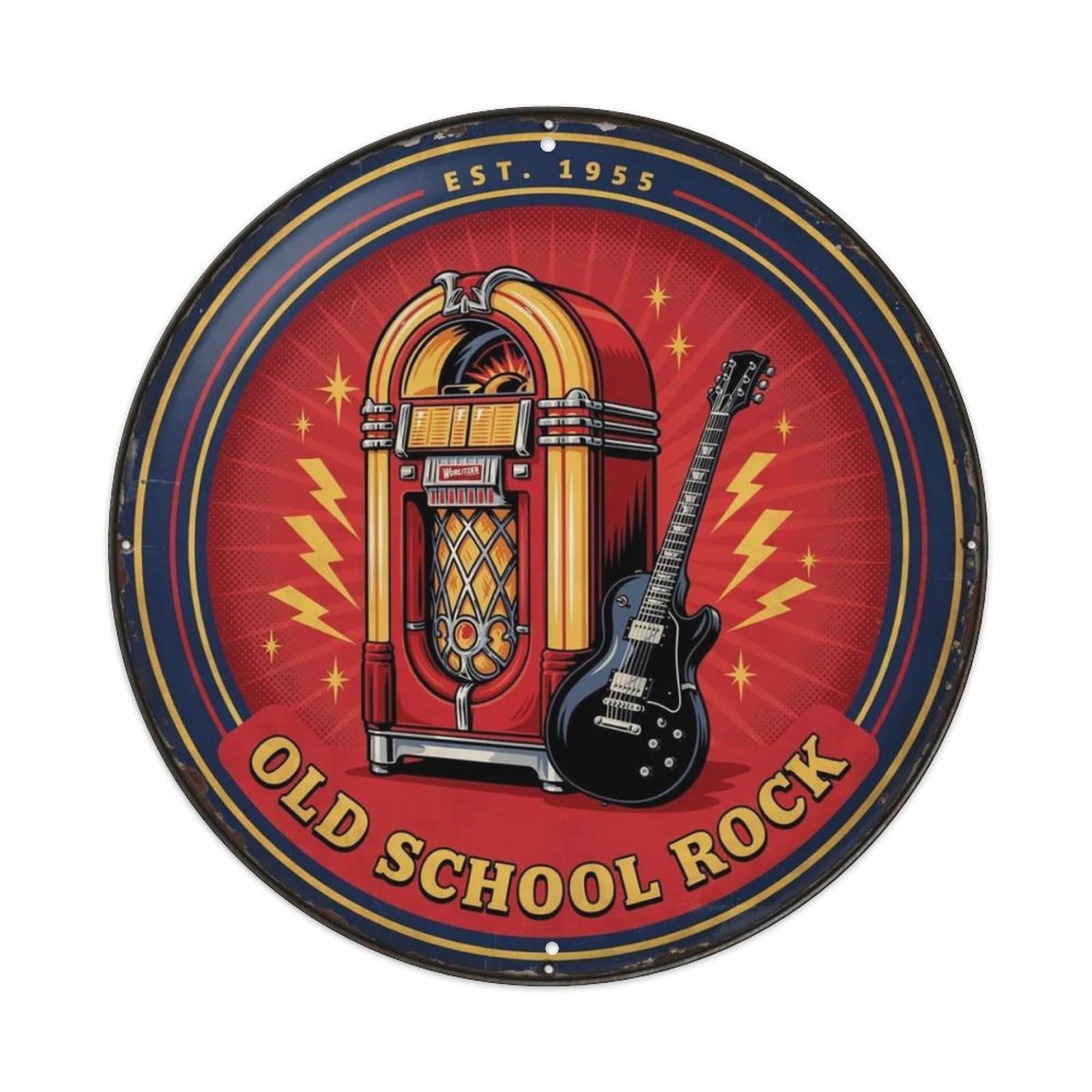 Old School Rock Jukebox Guitar Round Metal Tin Sign Plaque