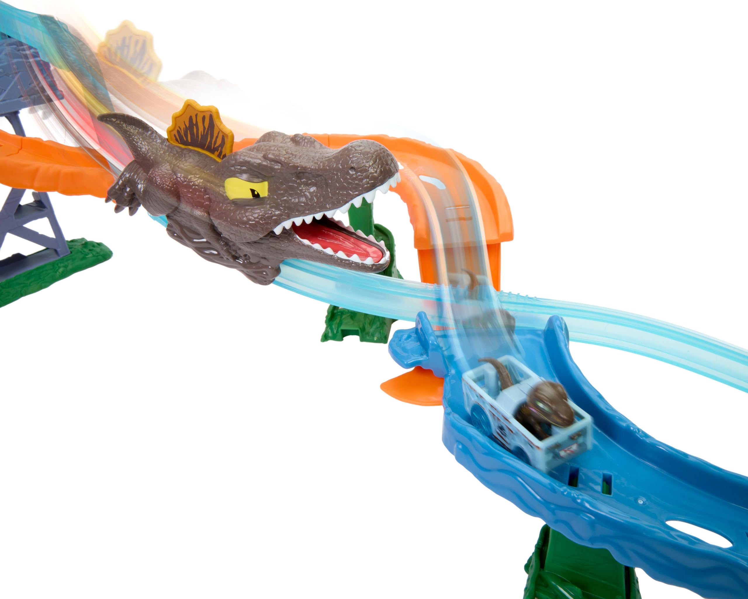 Hot Wheels Tor Samochodowy, RacerVerse Jurassic World Crash & Splash z Velociraptorem i Spinozaurem, JFP32