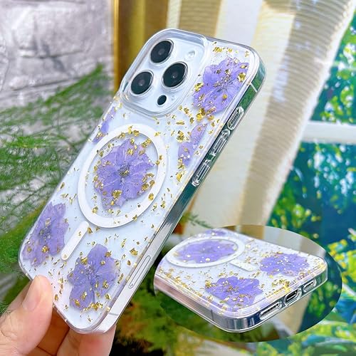 Miniatura 7 de Abbery Funda magnética para iPhone 14 Pro de 6.1 pulgadas, compatible con MagSafe Cute Clear con diseño de purpurina brillante, flores secas