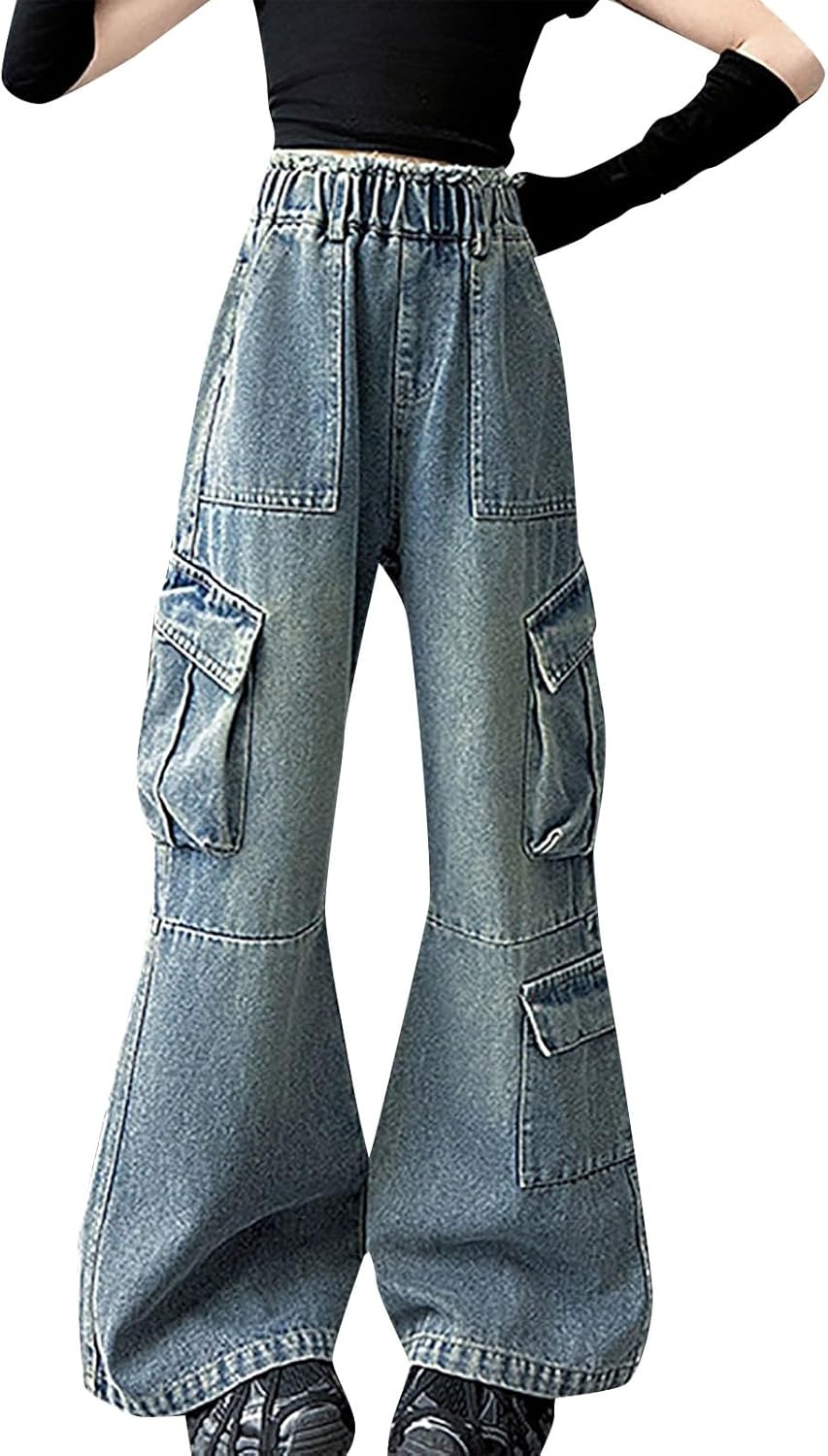 Teen Girls Baggy Wide Leg Jeans Kids Elastic High Waist Cargo Denim Pants Tween Casual Boot Cut Bottoms Y2k Streetwear