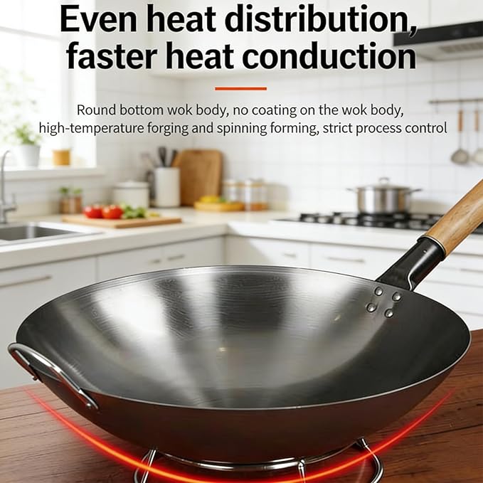 Wok Antiadherente de Acero al Carbono con Mango de Madera, 15.0in miniatura 2