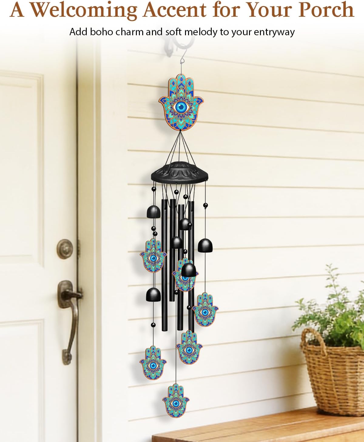 Wind Chimes for Outside Hamsa Hand Evil Eye Outdoor Decor Boho Metal Wind Chime with Aluminum Tubes & Bells Hanging Patio Garden Porch Balcony Decoration Housewarming Gift for Women 35.4 Inch image 3