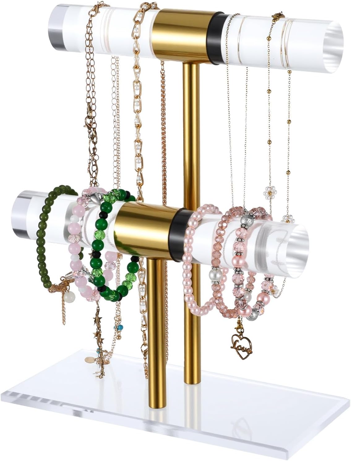 Necklace Holder Bracelet Holder, 2-Tier Acrylic Jewelry Display Stand Gold Jewelry Tower Stand Crystal T Bar jewelry-Organizer Gift for Women(2-Tier 1pc)