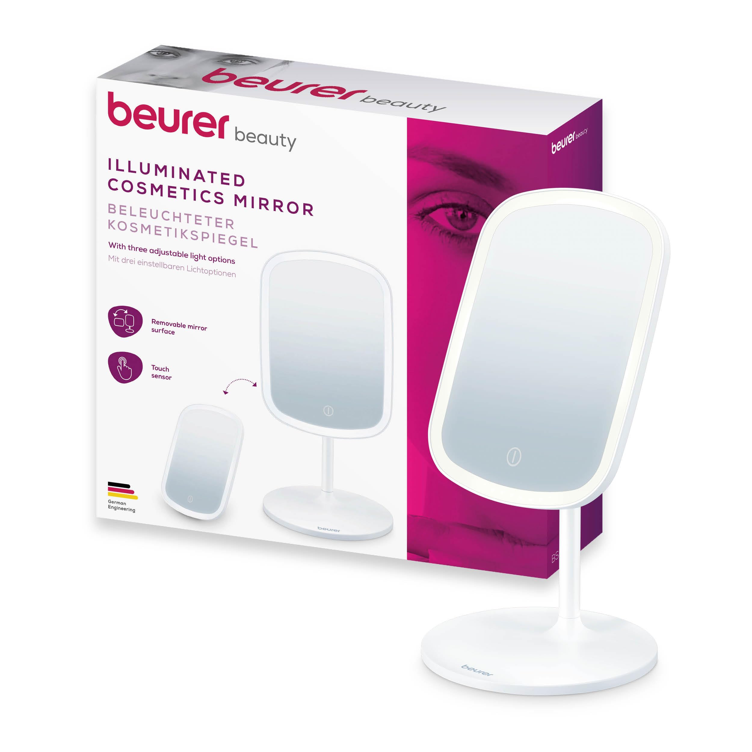 beurer BS 47 Cosmetic Mirror with Lighting in 3 Light Colours, with Magnetic Holder, 360 Degree Rotation, Removable Mirror Surface, Practical Bathroom Mirror with Shelf, Rechargeable