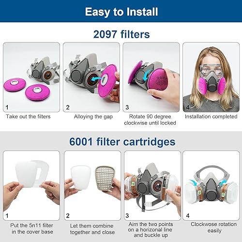 Miniatura 5 de Máscara respiradora con filtros, máscara de gas con gafas para pintura, química, vapor orgánico, lijado. resina epoxi, carpintería perfecta para