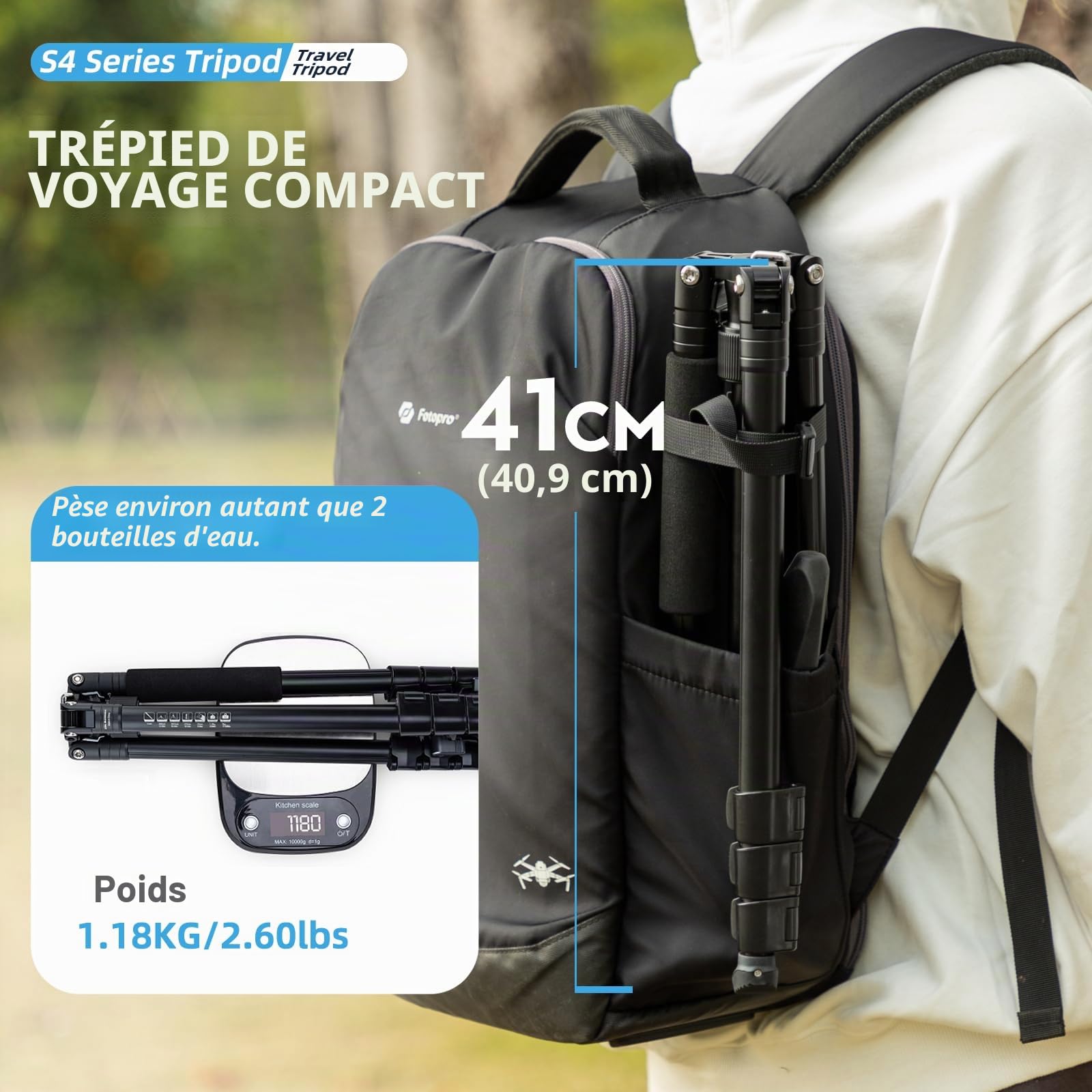 Fotopro S4 Pro Trépied Voyage Aluminium 150.1cm Rotule 360° Charge 8kg 1.18kg Plié 41.5cm 4 Sections