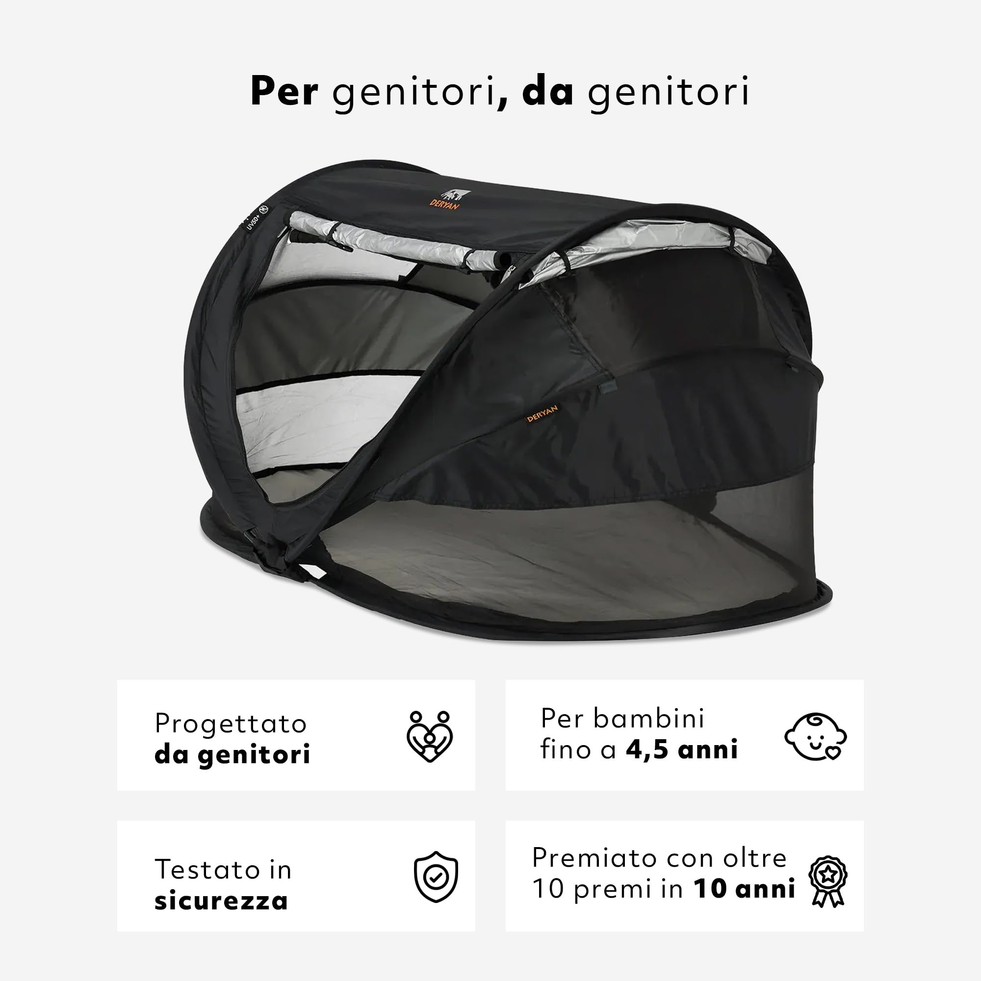 DERYAN Lettino da viaggio Peuter Luxe - Nero - Sistema pop-up - Set-up in soli 2 secondi - Copertura in cotone con cerniera, materasso ad aria autogonfiante e borsa per il trasporto