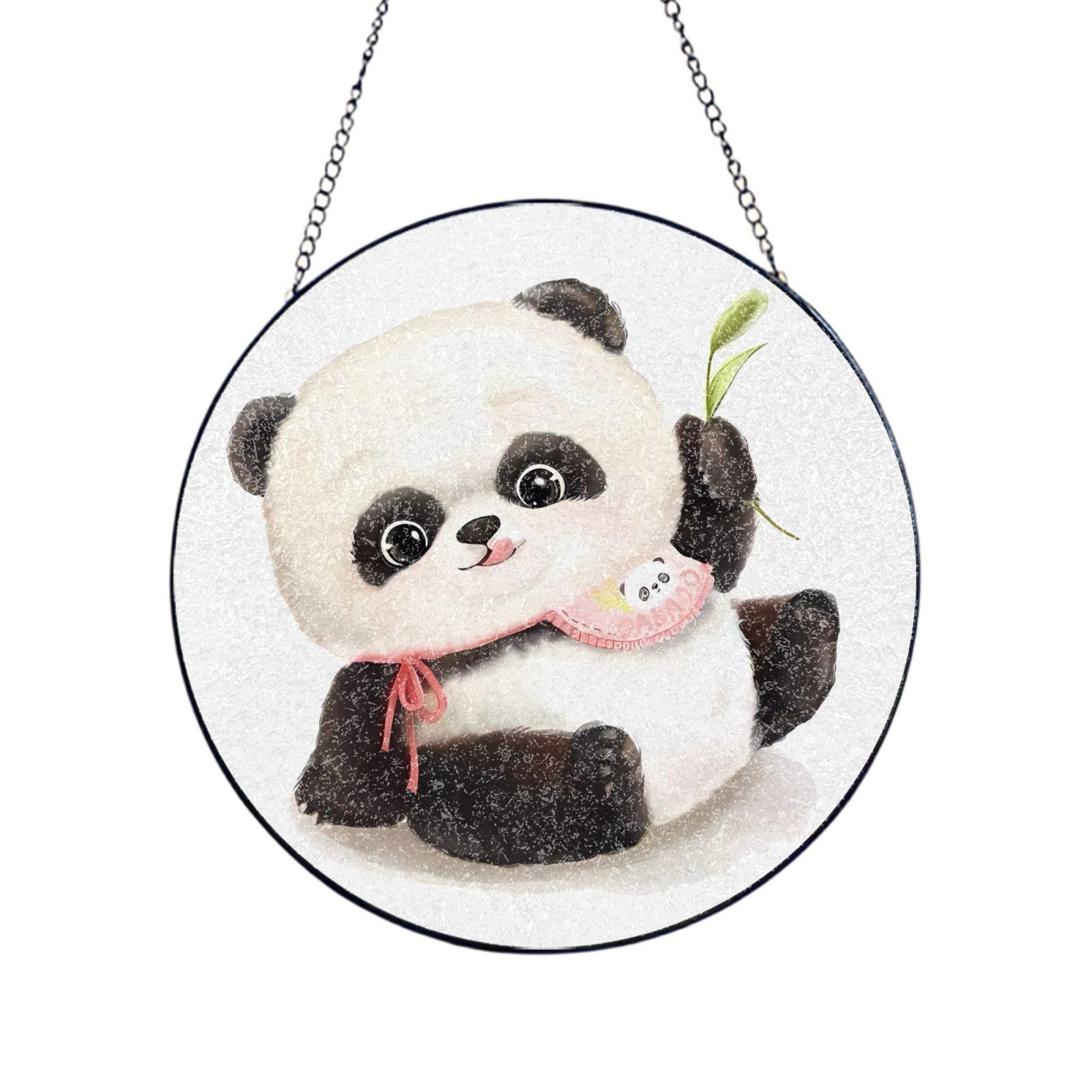 Phayah Baby Pandas Print Glass Window Hanging Round Suncatcher Glass Ornament Garden Wall Fence Decorations Indoor Outdoor 8in（20cm）