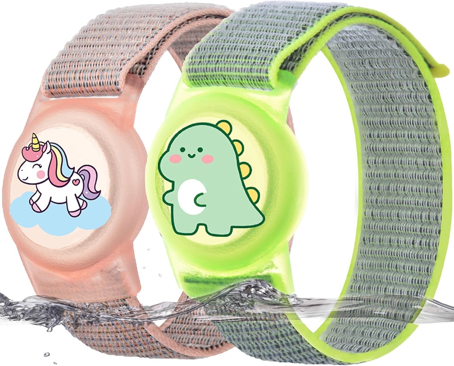 Nylon Bracelet Compatible with Airtag for Kids 2 Pack Cute Cartoon Pattern Hidden Wristband Compatible with Apple Air Tag Anti Lost Watch Bands for Child(Dinosaur)