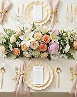 Vista 5 de LIYH - 24 platos de plástico reutilizables, platos irrompibles, platos de plástico festoneados, aptos para lavavajillas, juegos de platos de marfil