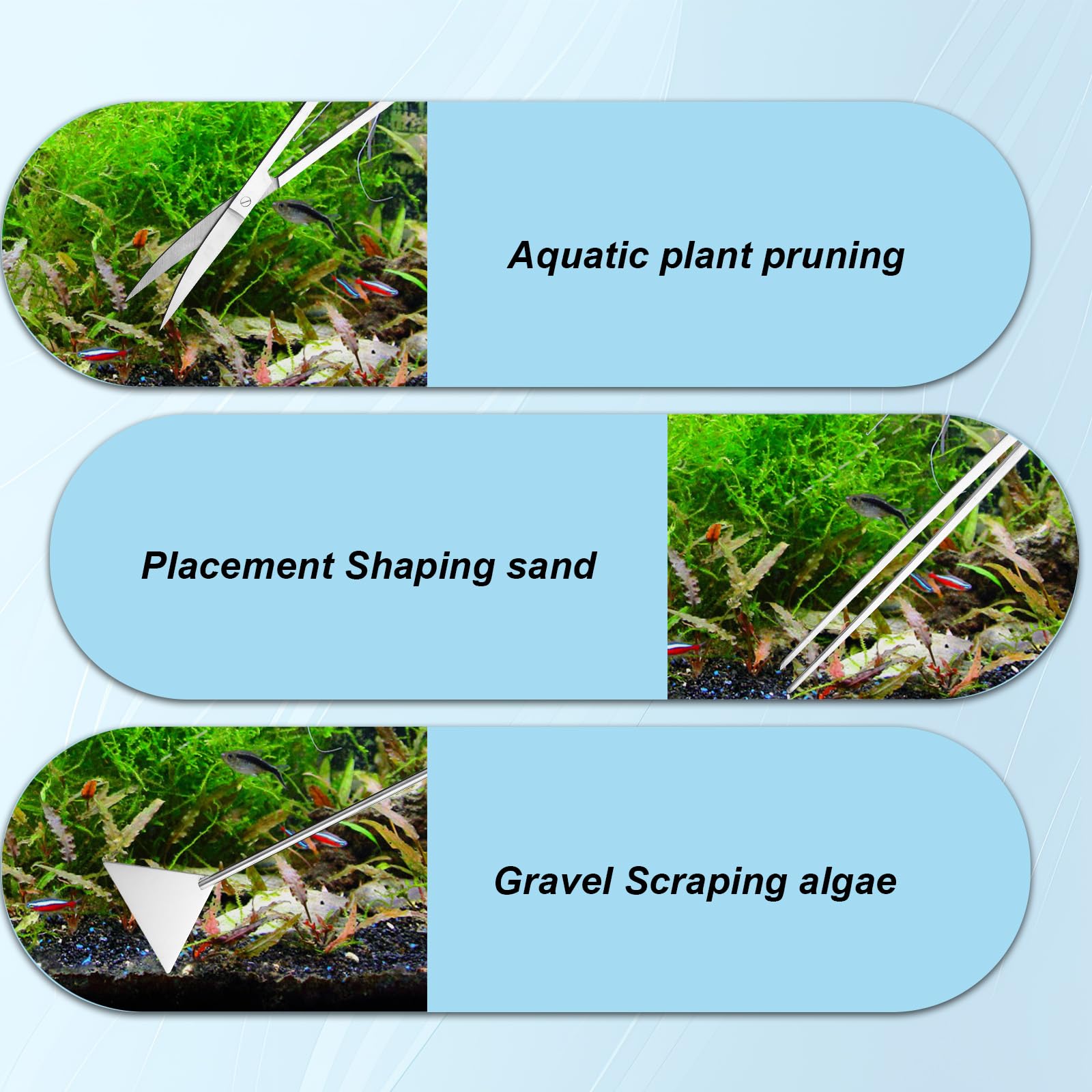 Kit Attrezzi Aquascaping Acquario, Acciaio Inossidabile Attrezzi Piante Acquatiche Pinze Dritte/Curvate Forbici Spatola Raschietto Alghe Teste Sostituzione Lungo Manico Kit Pulizia Vasca Pesci