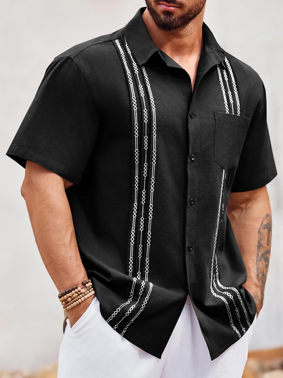 Runcati Mens Linen Shirt Guayabera Cuban Short Sleeve Button Down Summer Beach Hippie Shirts - Image 2