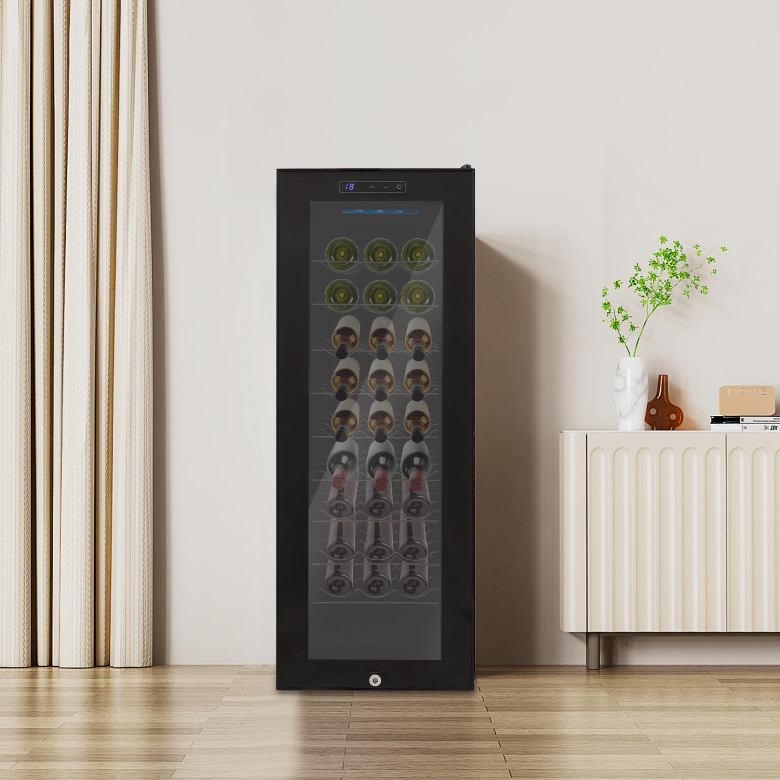 Weinkühlschrank 76L für 30 Flaschen mit Temperaturregelung 12-18°C, LED-Display, doppelte Luftkühlung, gehärtete Glastür, 9 Wellenregale, Modernes Design für Küche, Büro und Wohnzimmer