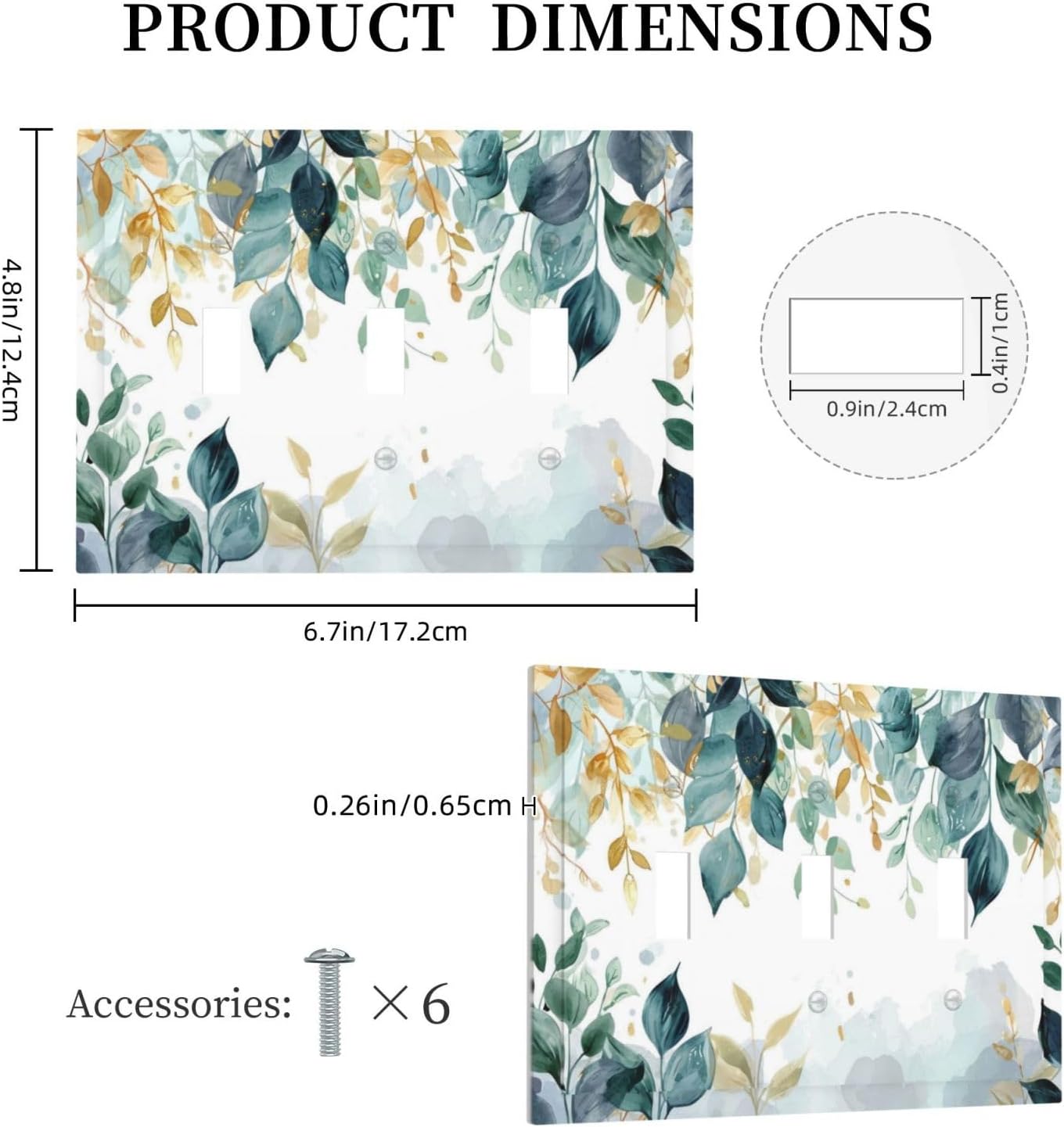 Boho Goldgreen Leaf Botanical Eucalyptus Leaves Decorative Switch Plates 3 Gang Wall Plate Triple Toggle Light Switch Cover Faceplate Electrical Wall Panels for Bedroom Living Room Decor