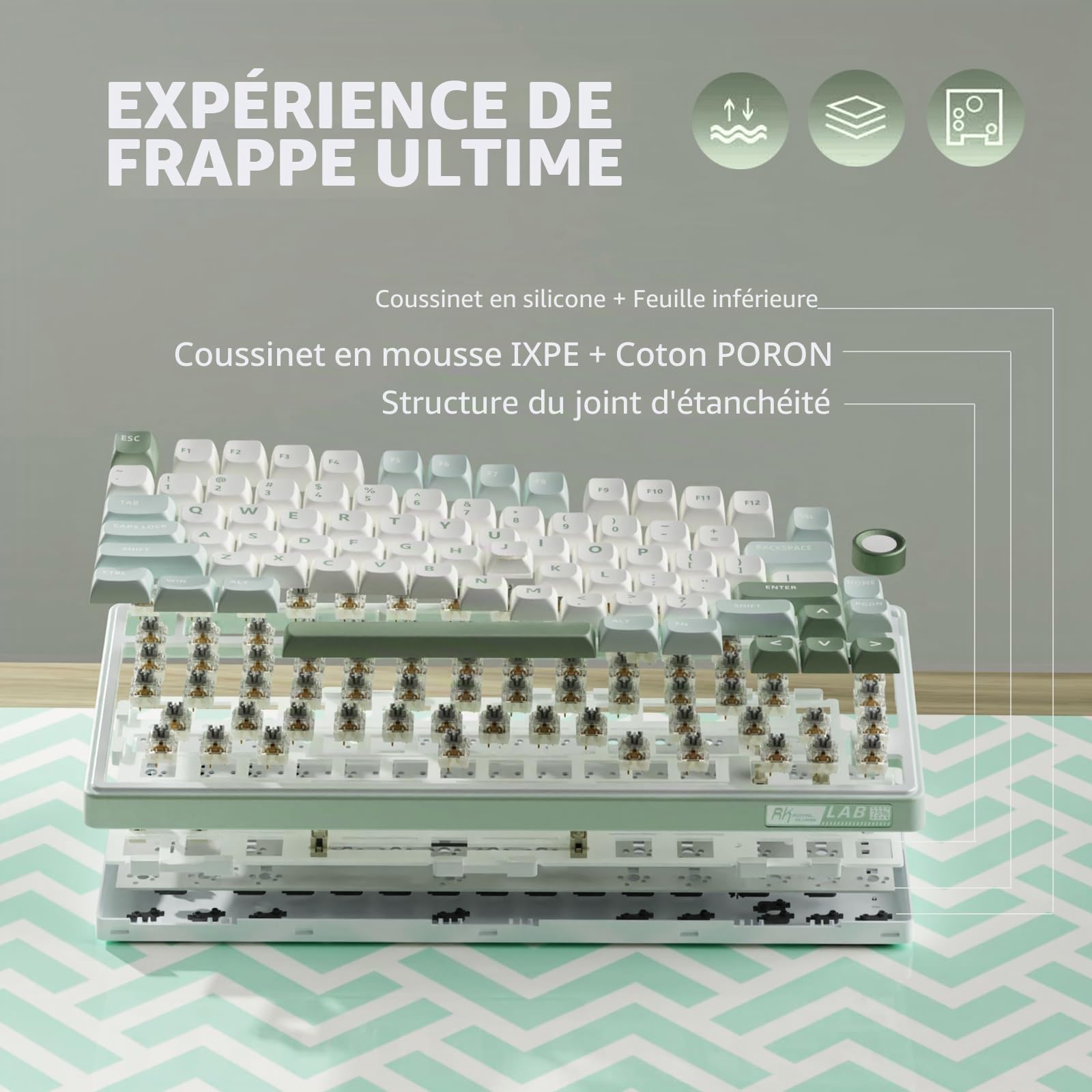 RK Royal KLUDGE Clavier mécanique Filaire R75 avec Bouton de Volume, Montage sur Joint de Clavier de Jeu personnalisé à 75% rétroéclairé RVB avec Logiciel, Profil MDA, Touches PBT, commutateur