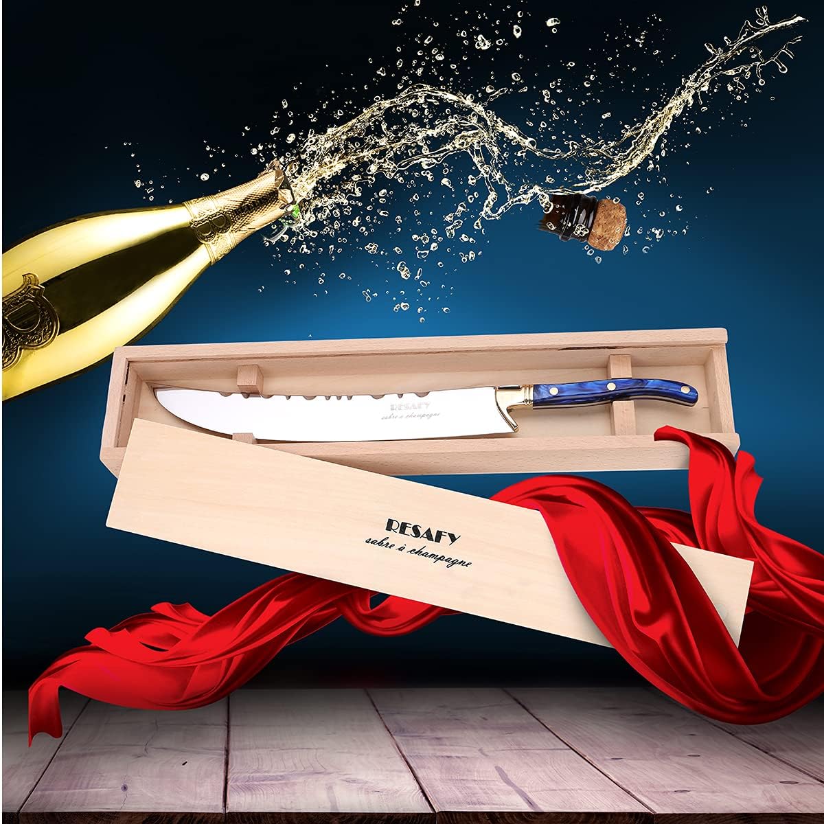 Resafy Champagne Saber With Wooden Box - Champagne Knife Sword Opener for Party Wedding Gift (Blue)