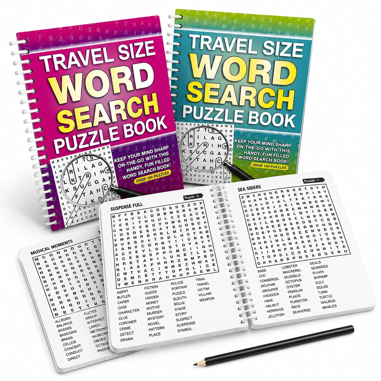 GZZHONGHENG Travel Size Word Search Books for Adults Pack of 2 – Spiral Bound Portable Puzzle Books with 100+ Word Search Puzzles, Brain Games Activity Books for Adults & Seniors, Travel Word