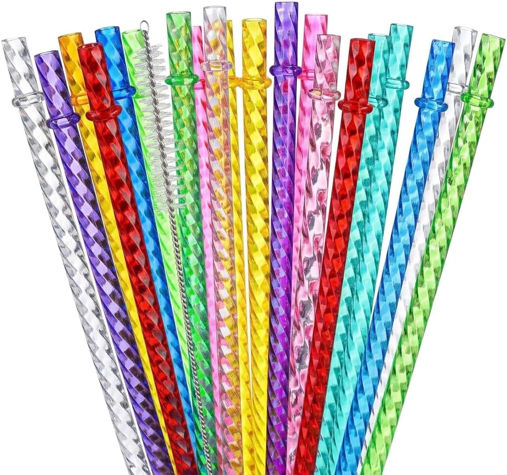 100pcs Reusable 12.2-inch Colored Clear Spiral Long Hard Plastic Straws for 40/30/24 oz Glasses and Cups, Suitable for Smoothies, Juices Beverages Cocktails, with Cleaning Brush. (L-2)