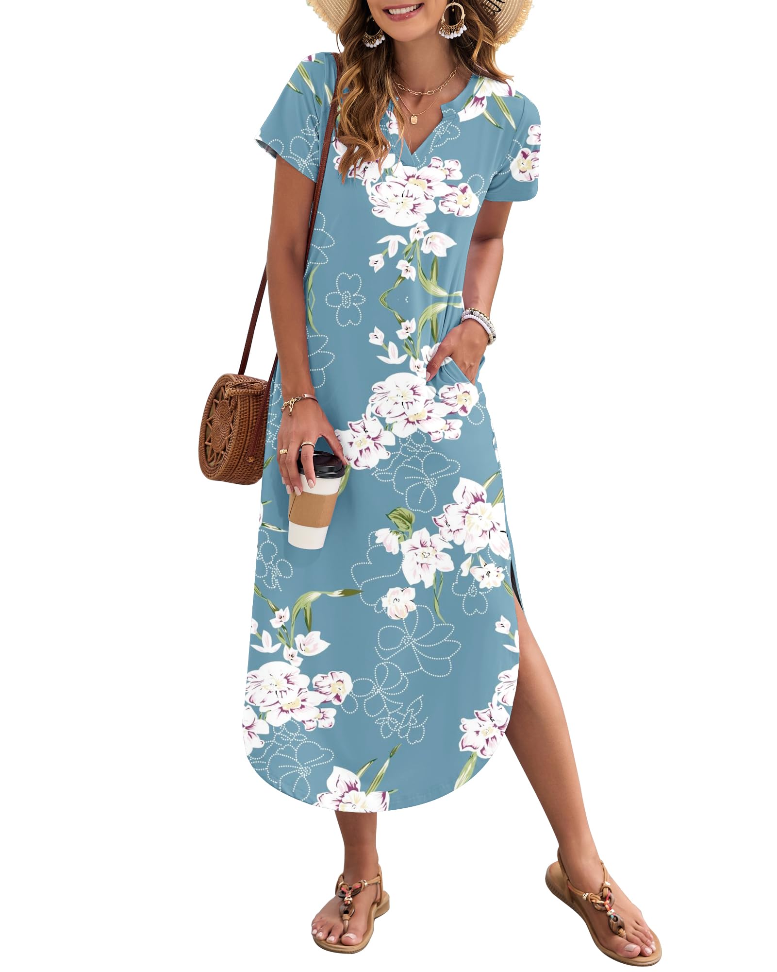 AUSELILY Damen Sommer Maxikleid Kurzarm V-Ausschnitt Lockeres Strandkleid mit Seitenschlitz für Urlaub