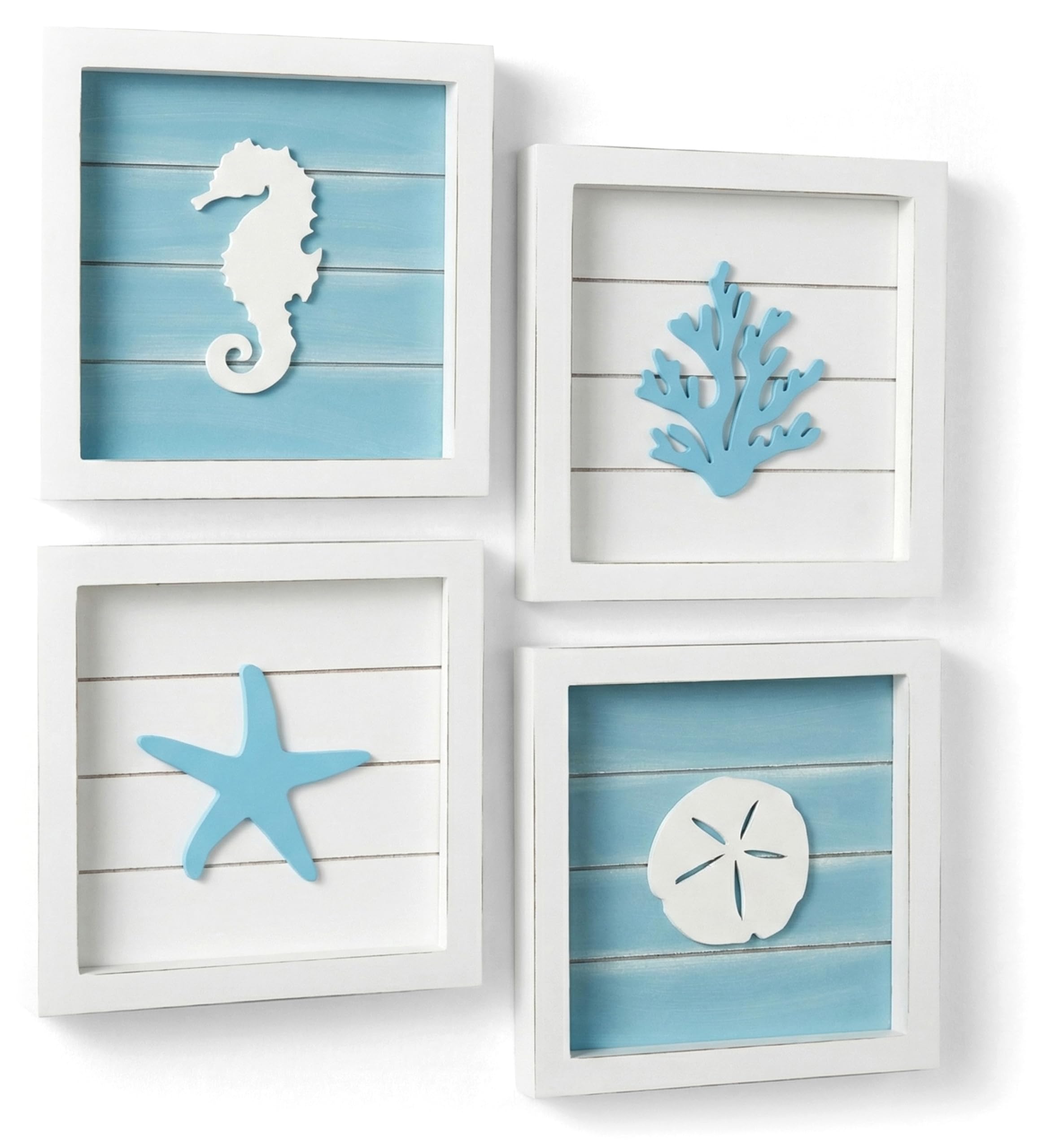 Tide and Tales Coastal Wall Art (Framed Set of 4) Beach Bathroom Wall Decor with Starfish, Seahorse, Sand Dollar and Coral - Ocean Theme Turquoise Room Decor - Seashell Beach Decorations for Home 7" x