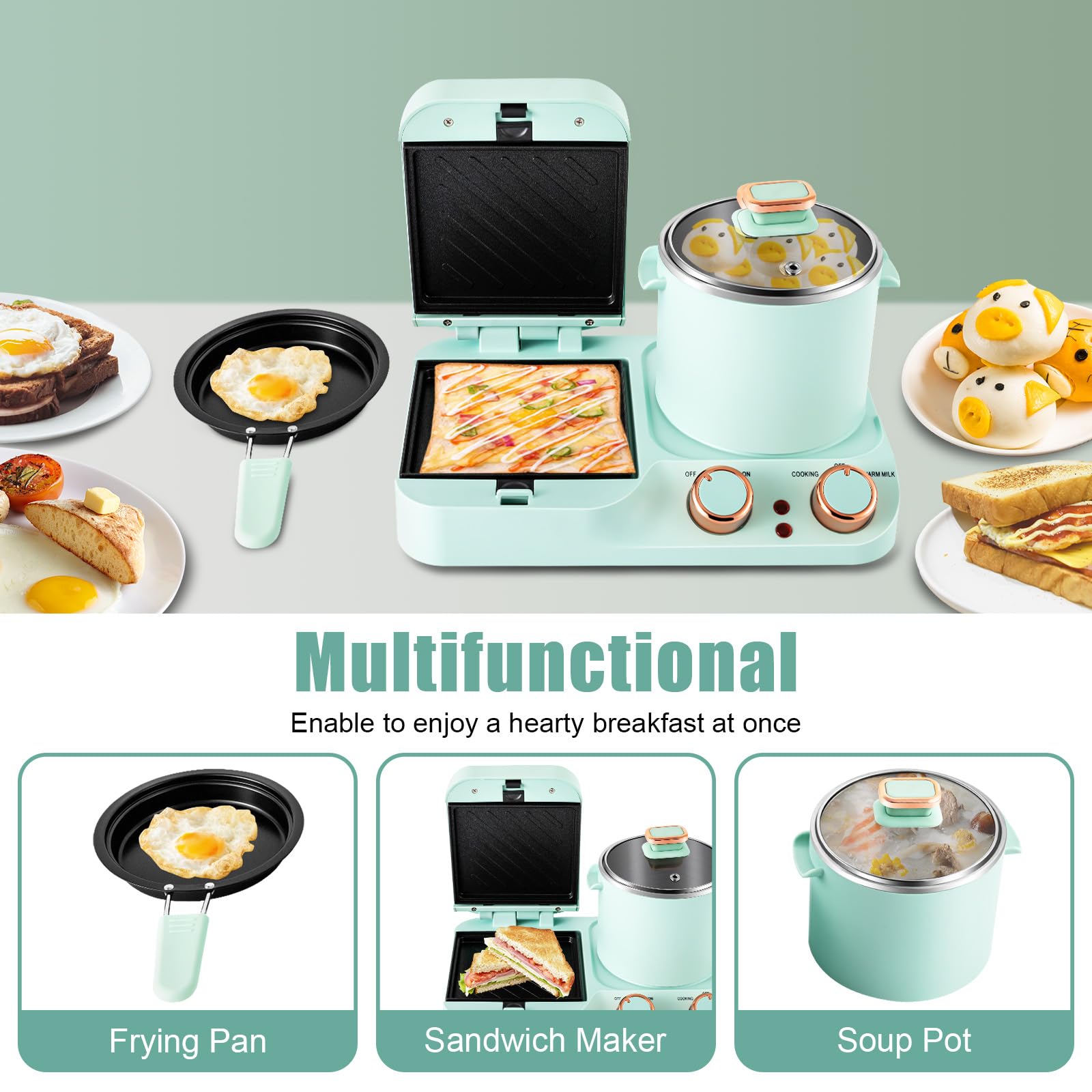 Fenjidrop 3 In 1 Breakfast Station, Breakfast Maker with Frying Pan, Boiling Pot, Food Steamer, Household Breakfast Machine, Electric Mini Toaster Bread Breakfast Sandwich Maker