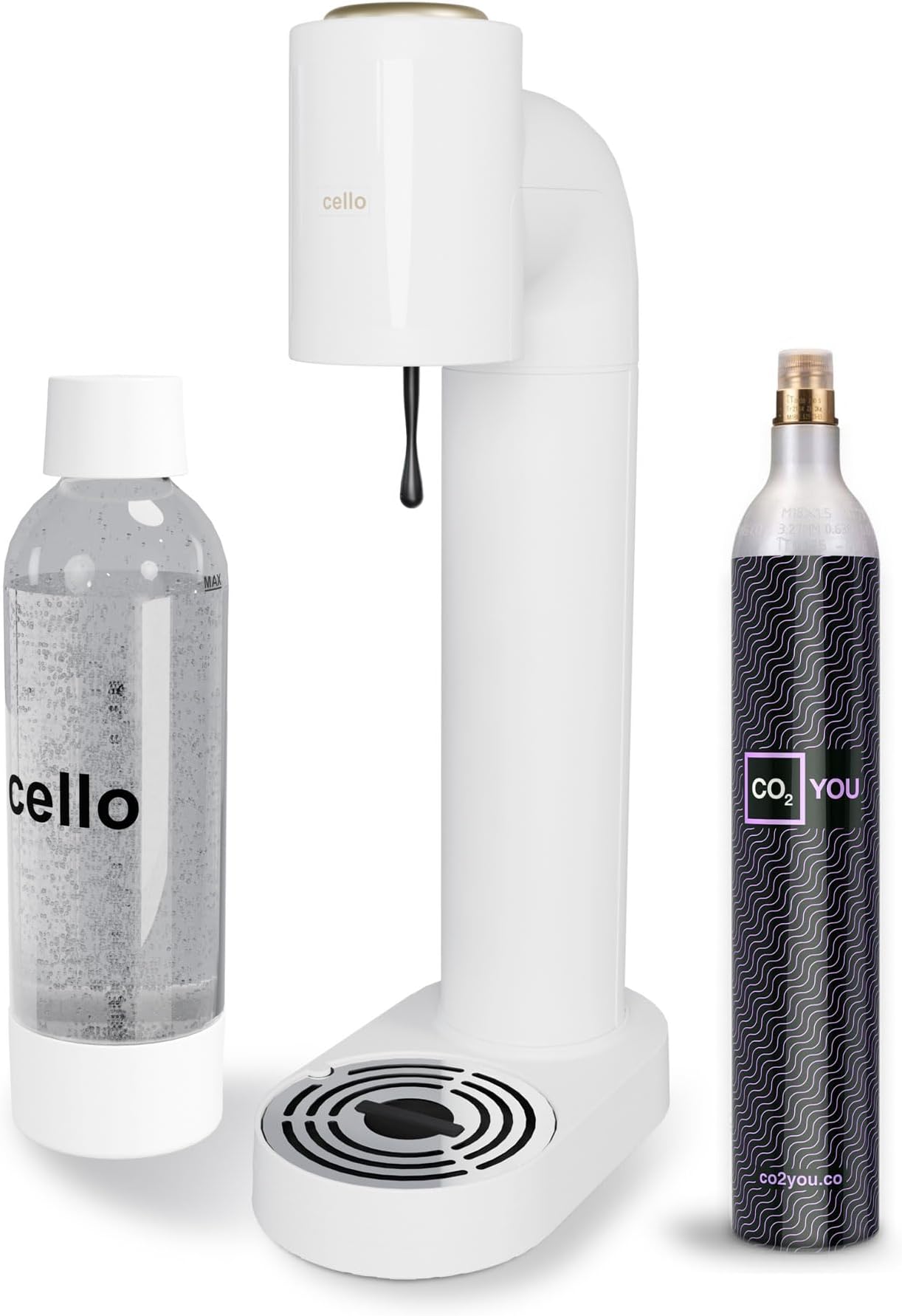 Sparkling Water And Soda Maker Machine, In White With 1 Litre Reusable BPA-Free Water Bottle For Carbonating & 60 Litre Co2 Gas Cylinder No Electricty Required Sparkling Water Maker