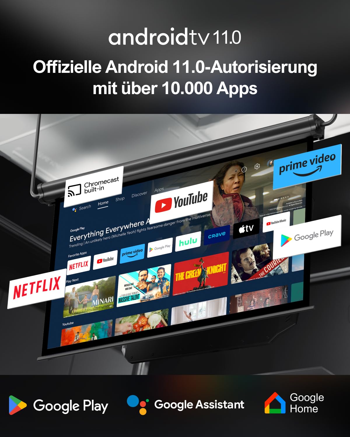 ULTIMEA Beamer Android TV 11.0 Offizielle mit Netflix, True 4K Heimkino Beamer 1000 ANSI-Lumen Unterstützung, Dolby Audio, Tiefe Bässe, Outdoor Projektor Native 1080P, Tragegriffdesign, Poseidon E40