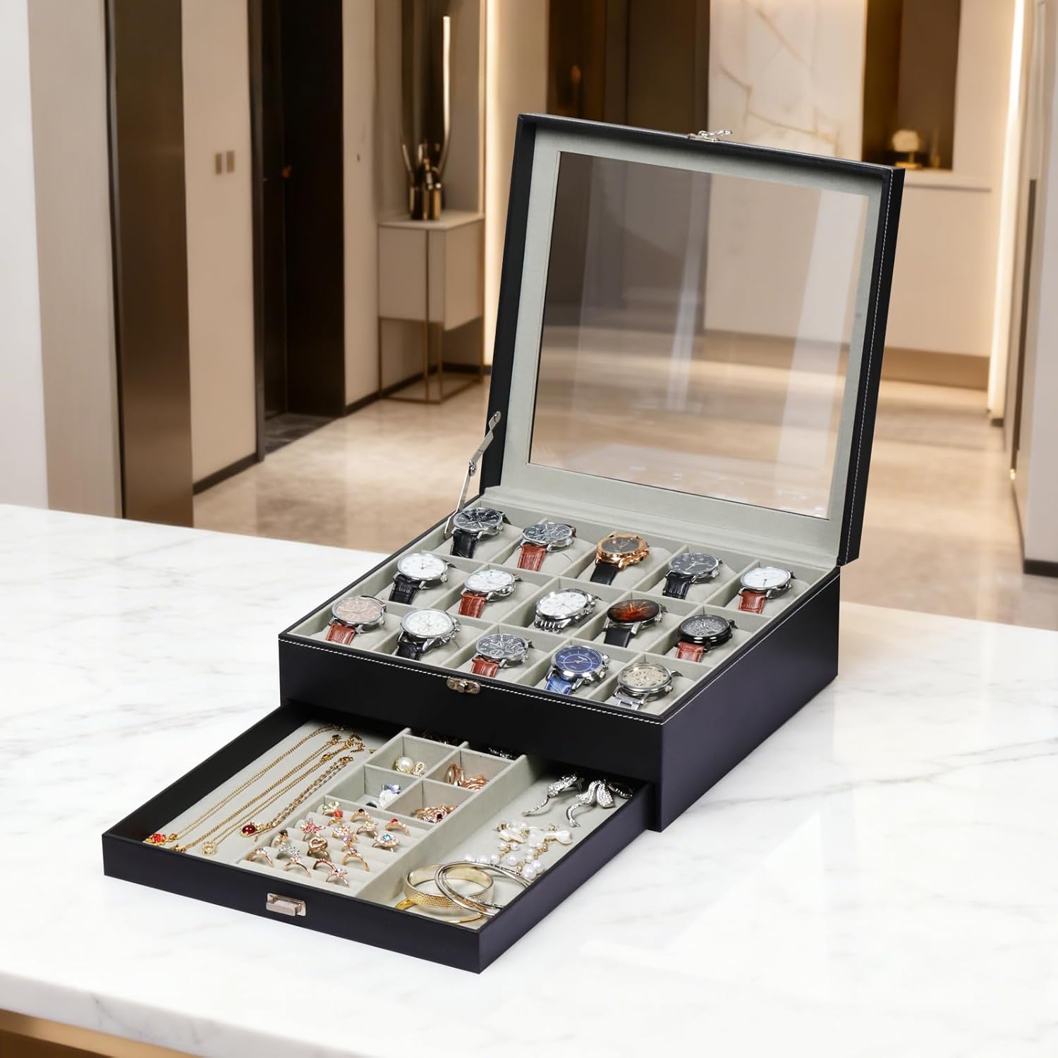 AUTOARK Premium 2-Layer Watch Box Organizer with Lock,Holds 15 Watches + Jewelry,Drawer for Rings Earrings Bracelets,Large Glass Lid,Soft PU Leather,Gift for Men Women,Black,MKAW-137