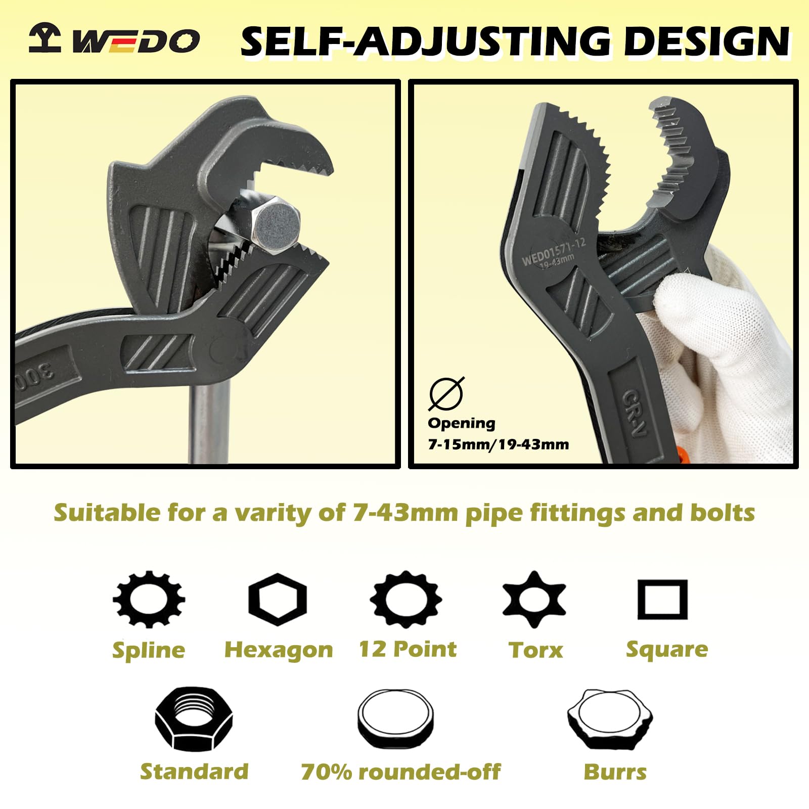 WEDO 3-częściowy zestaw kluczy wielofunkcyjnych, rozmiar 15 cm + 20 cm + 30 cm, uniwersalny klucz nastawny, stal CR-V, antypoślizgowy gumowy uchwyt, klucz sprężynowy, klucz łomowy, samoregulujący