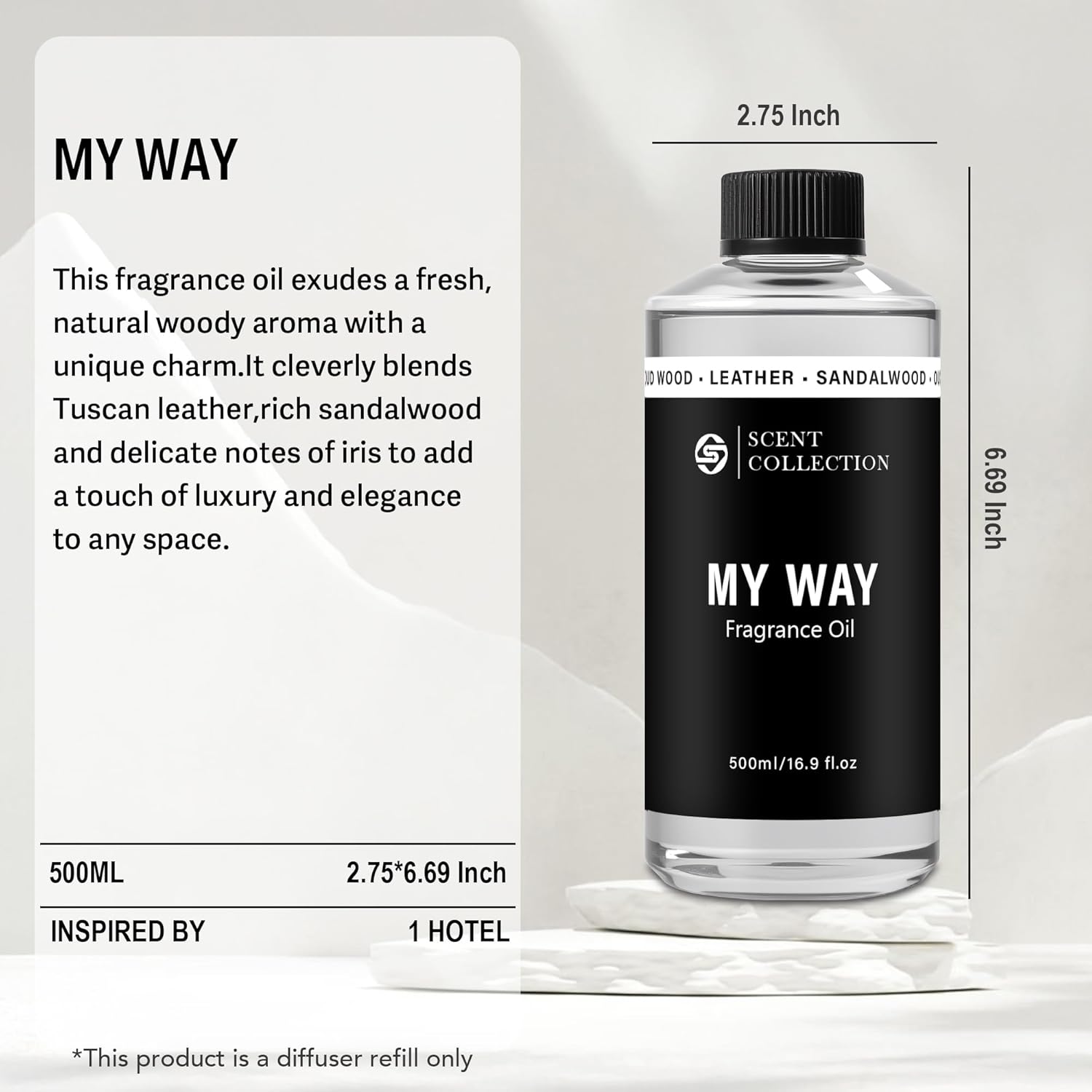 Luxury Hotel Scent My Way Diffuser Oil (500ml/16.9Fl oz) - Essential Aromatherapy for Large Room & Home - Premium Fragrance Oil Blend for Ultrasonic & Waterless Diffusers - Sandalwood, Cedarwood, Iris - Image 3