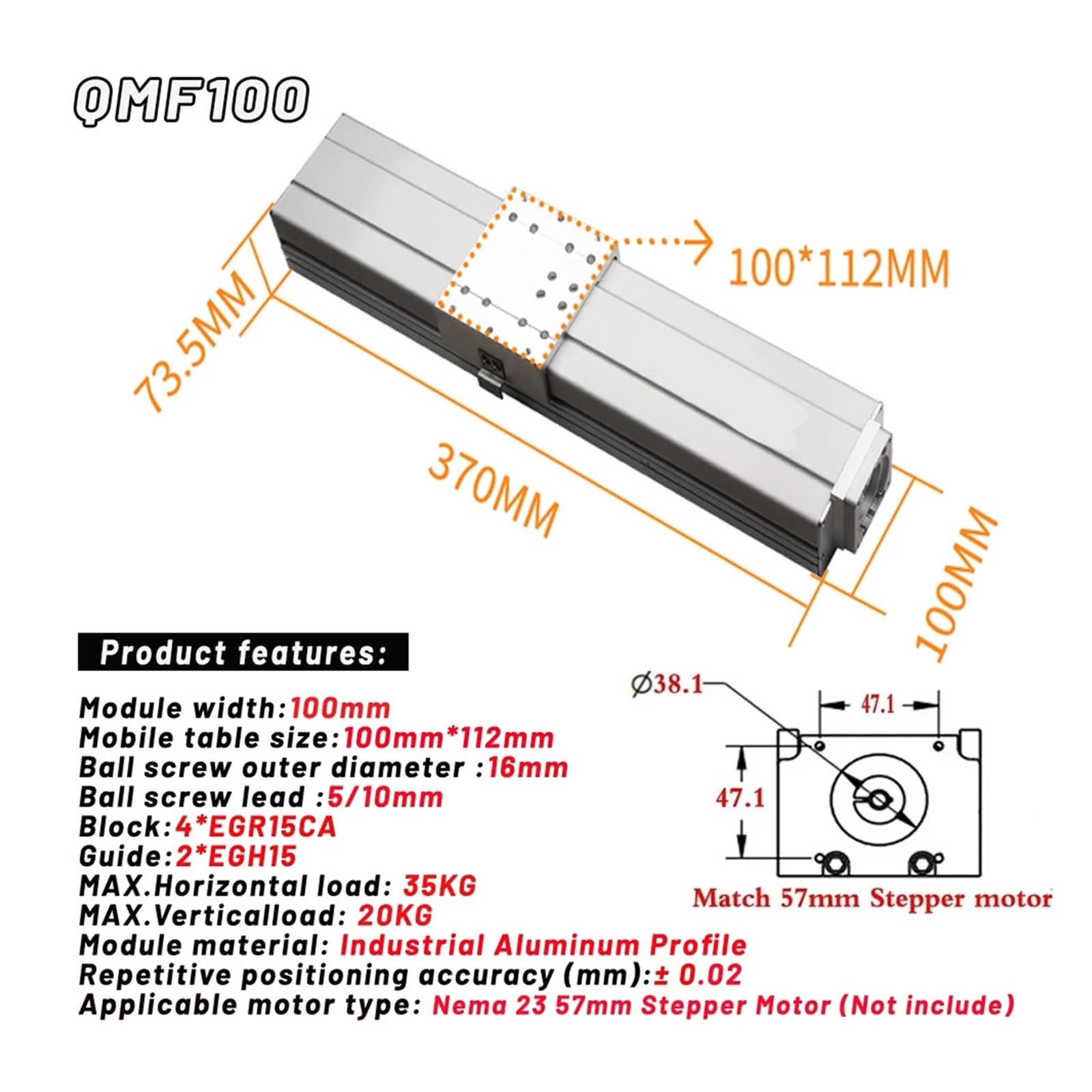 Module de guidage linéaire entièrement fermé de 100 à 130 mm de largeur pour table coulissante 100-1000 mm Course SFS1605/1610 CNC XYZ axe (QMF130-Nema23, 1000 temps SFU1605)