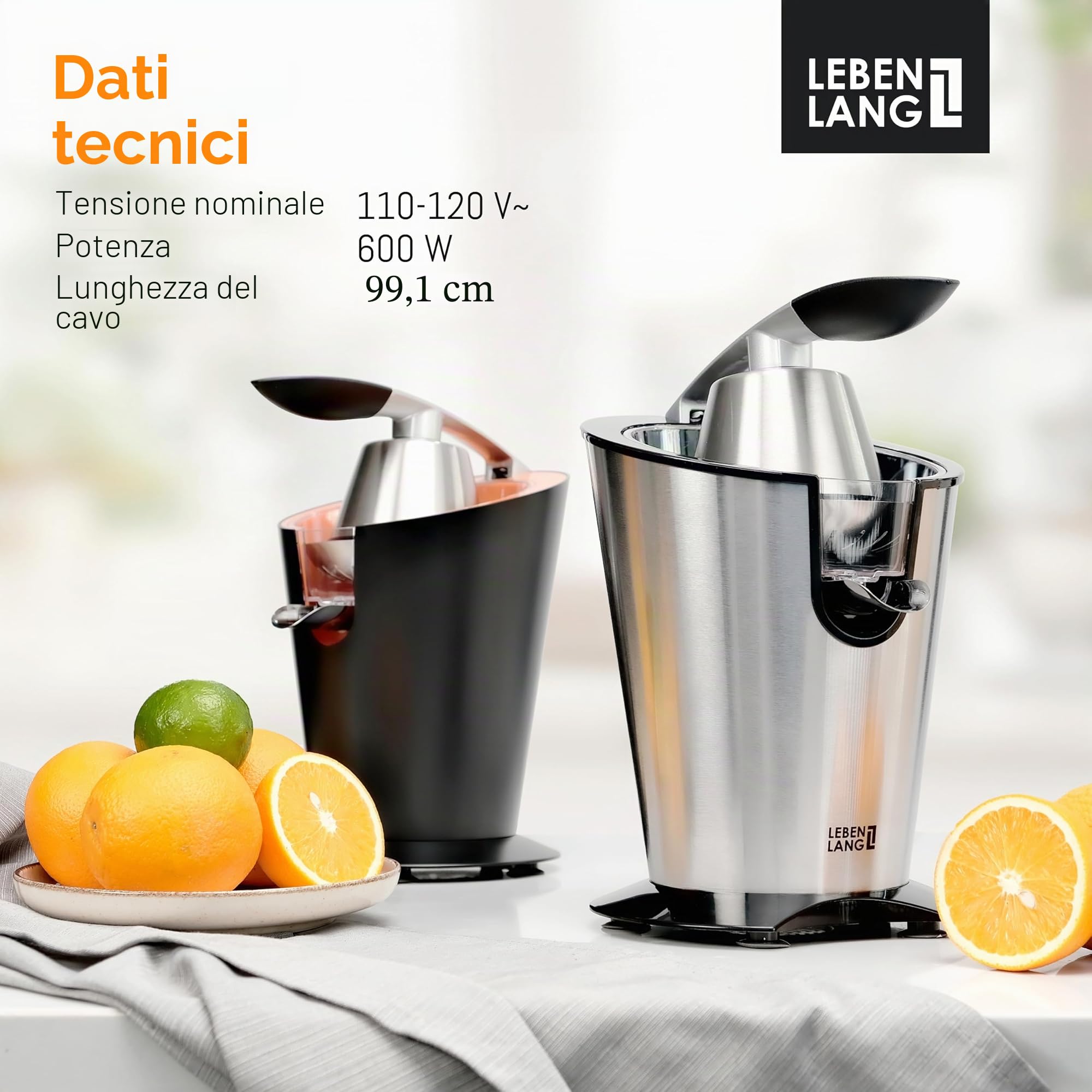 LEBENLANG Spremiagrumi elettrico 600W - Cono in acciaio inox & senza BPA I Spremi agrumi elettronico professionale I Spremuta arancia citrus Juicer machine I Spremi arance automatico melograno piccolo