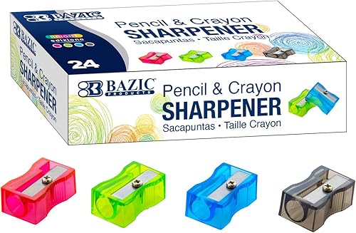 BAZIC - Sacapuntas de un solo agujero, tamaño estándar, lápices de crayón, afiladores cuadrados de una hoja para la escuela, total de 24 unidades