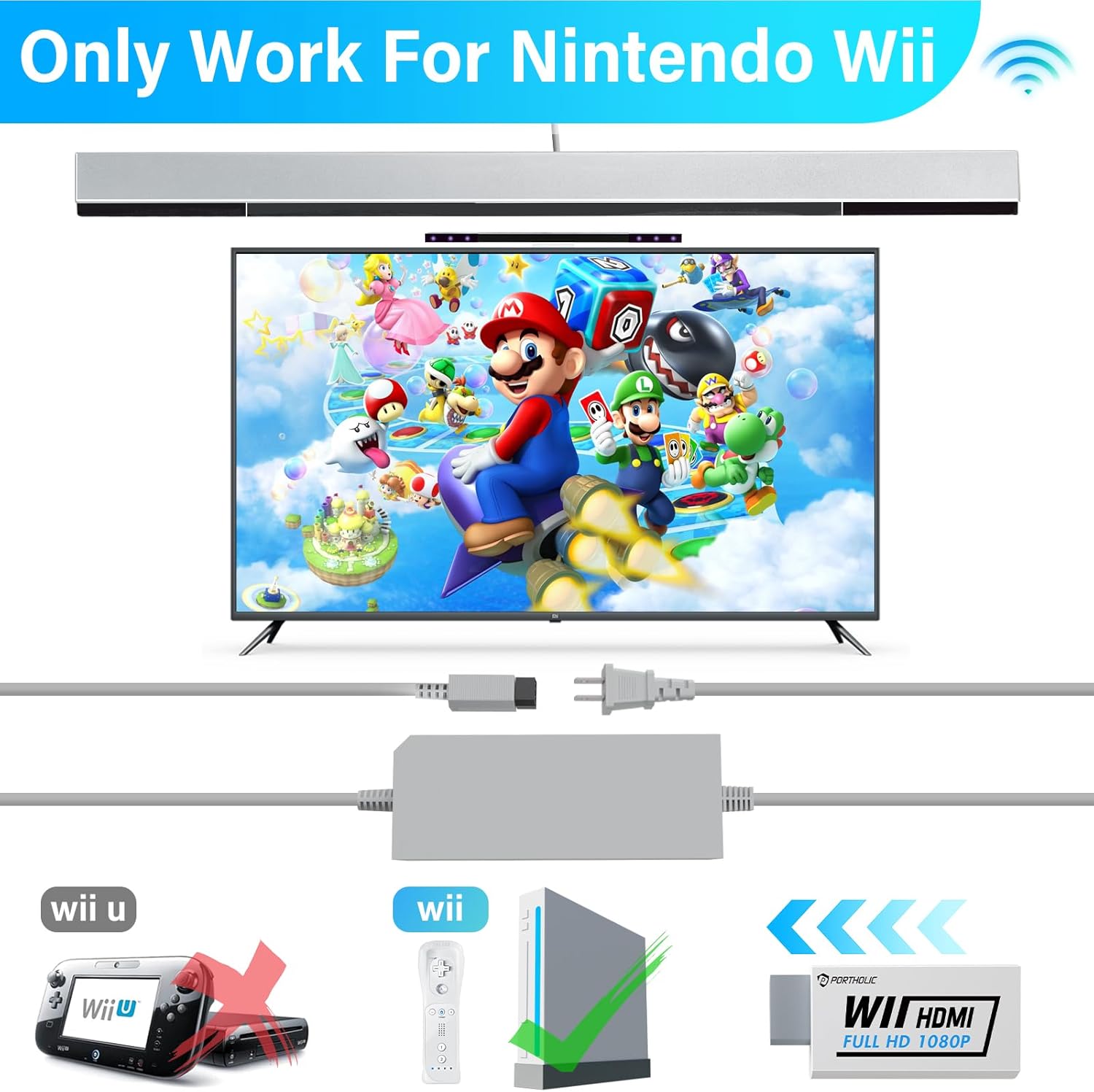 PORTHOLIC 4 in 1 Wii Replacement Cables Set, Wii AC Power Adapter + Wii to hdmi Converter+ Wired Motion Sensor Bar and Composite Audio Video Cable for Nintendo Wii - Image 7