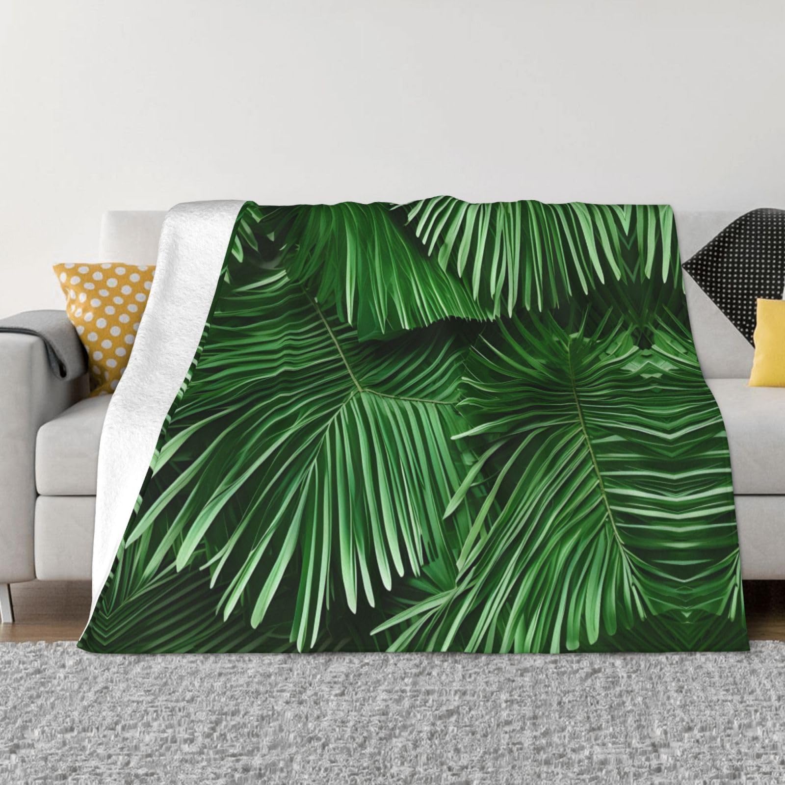 Manta de forro polar con estampado de hojas de palma verde para sofá o cama, franela de felpa suave para todas las estaciones, 50 x 60 pulgadas