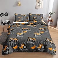 Vista 45 de Juego de funda de edredón para niños, camión de construcción, maquinaria, camión, excavadoras, vehículos, caricatura, tractor, juego de ropa de cama